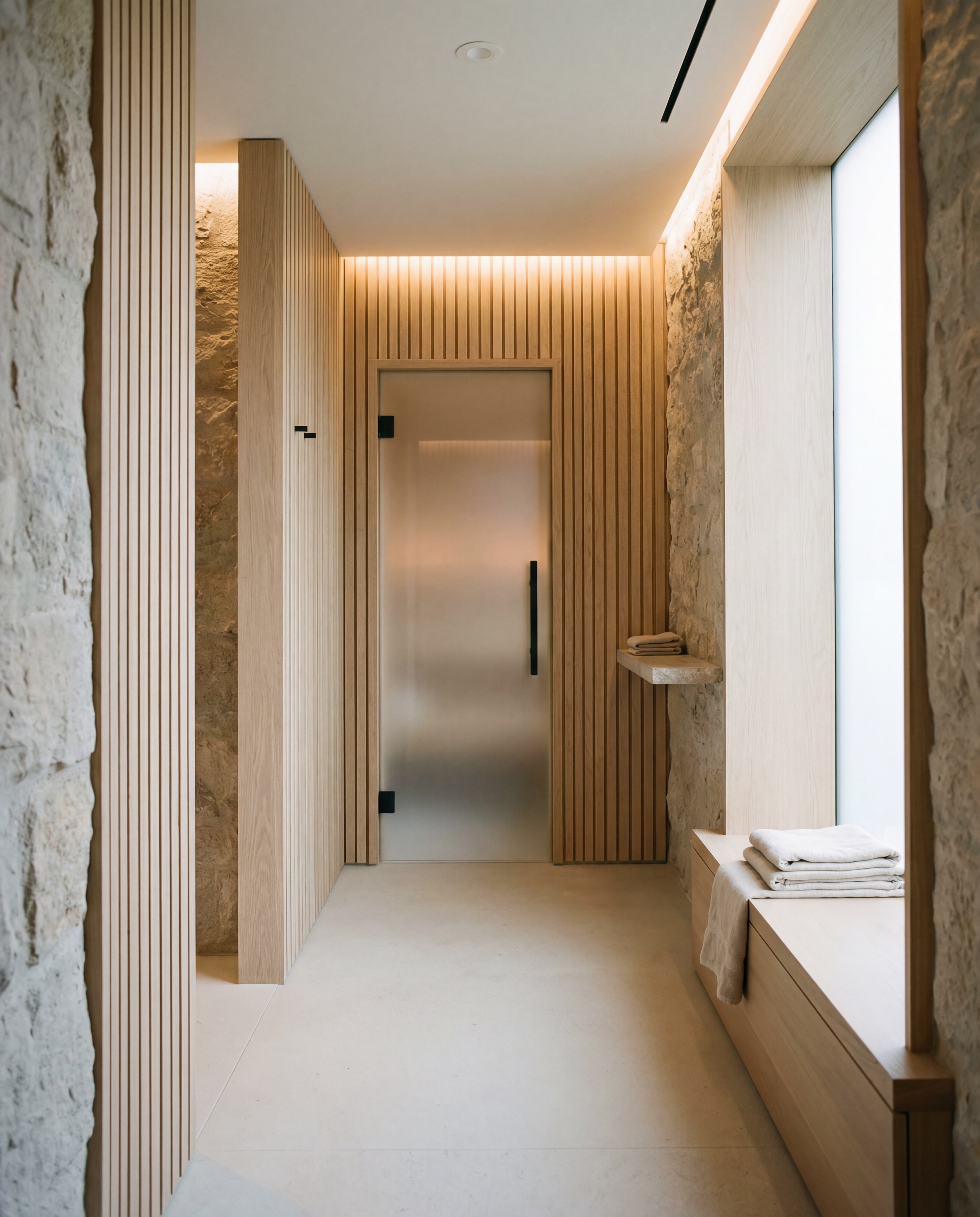Minimalist spa hallway with wood and stone