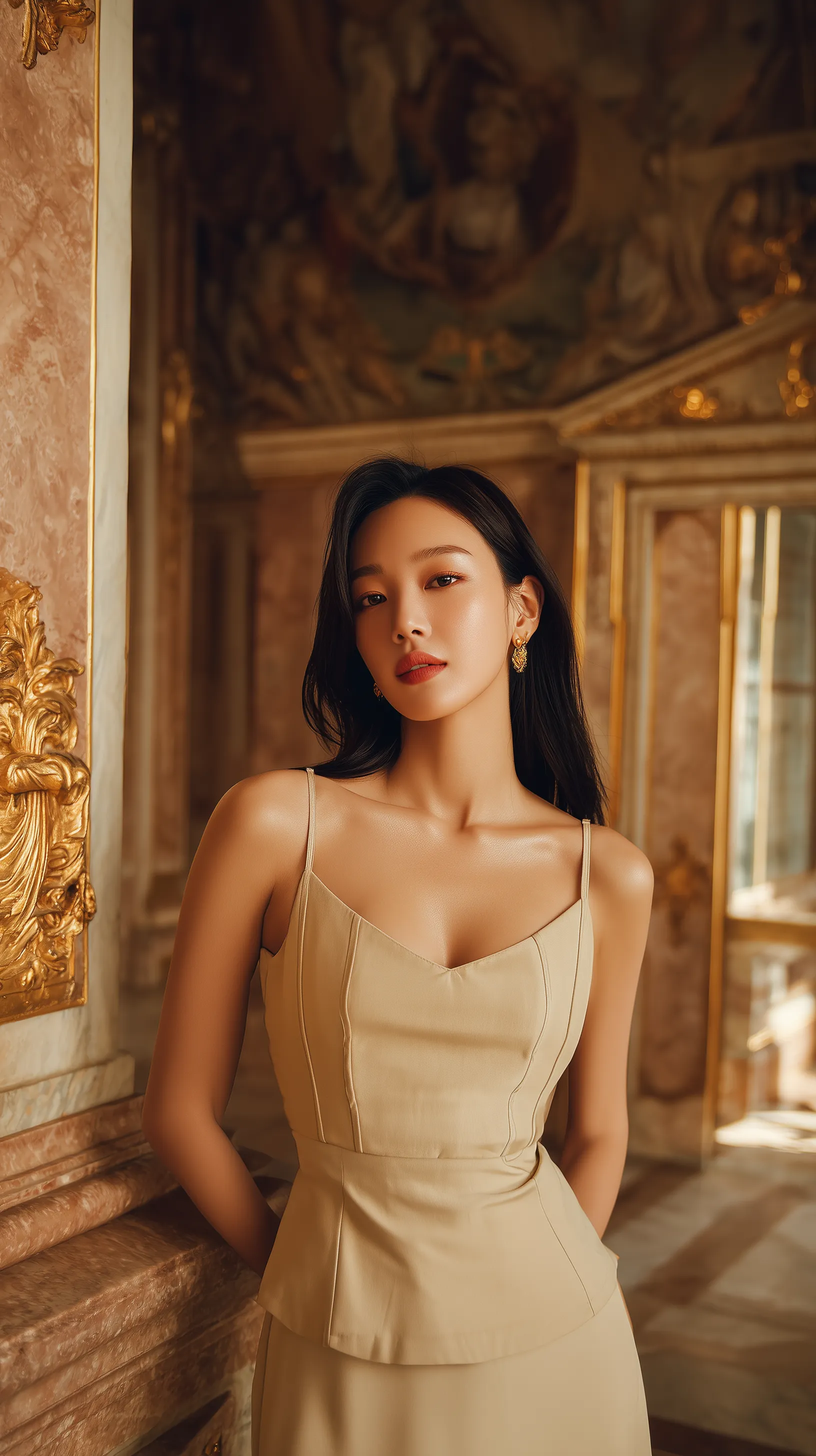 Elegant woman in gold dress in ornate palace