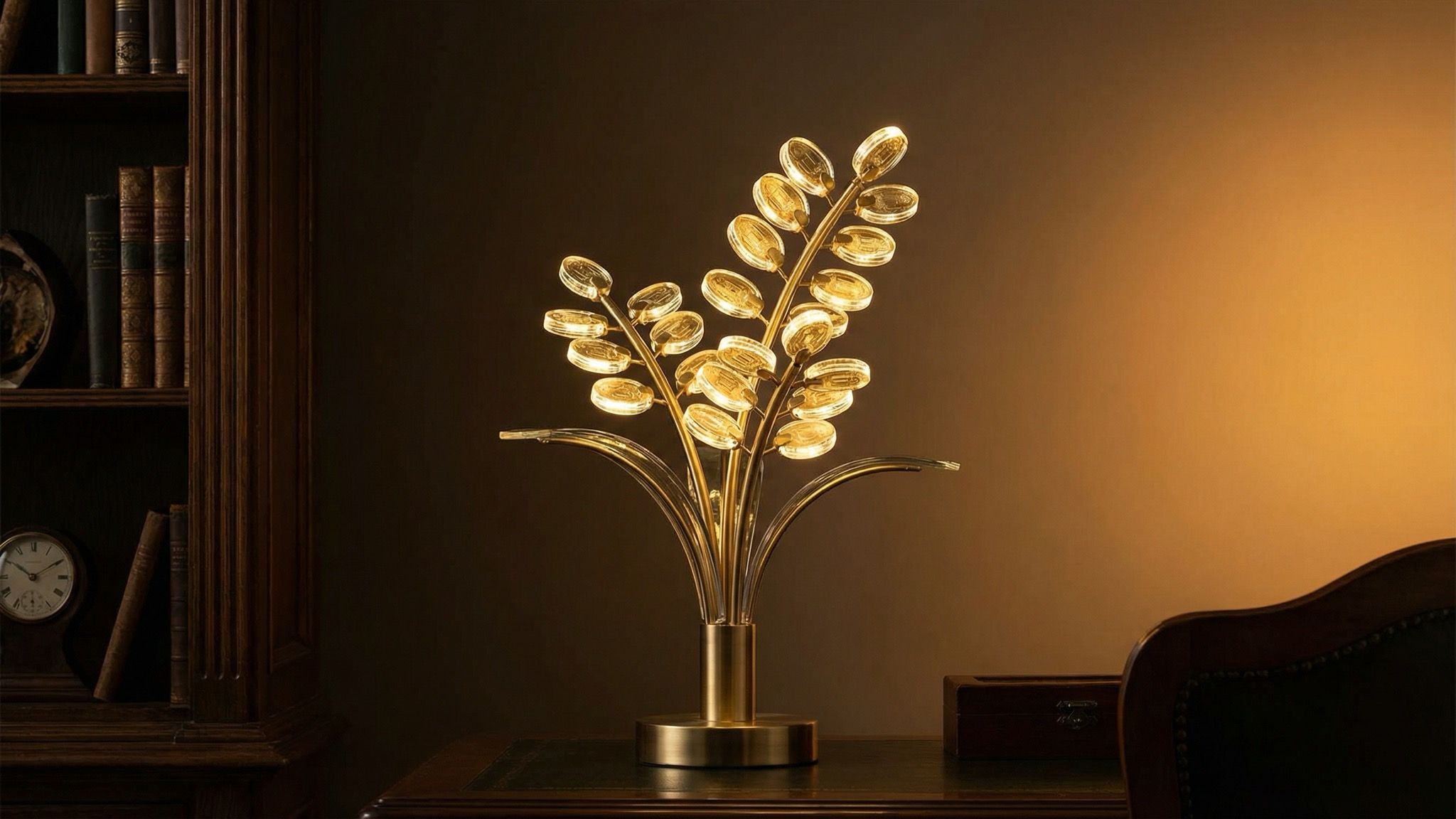 Gold leaf table lamp in warm study