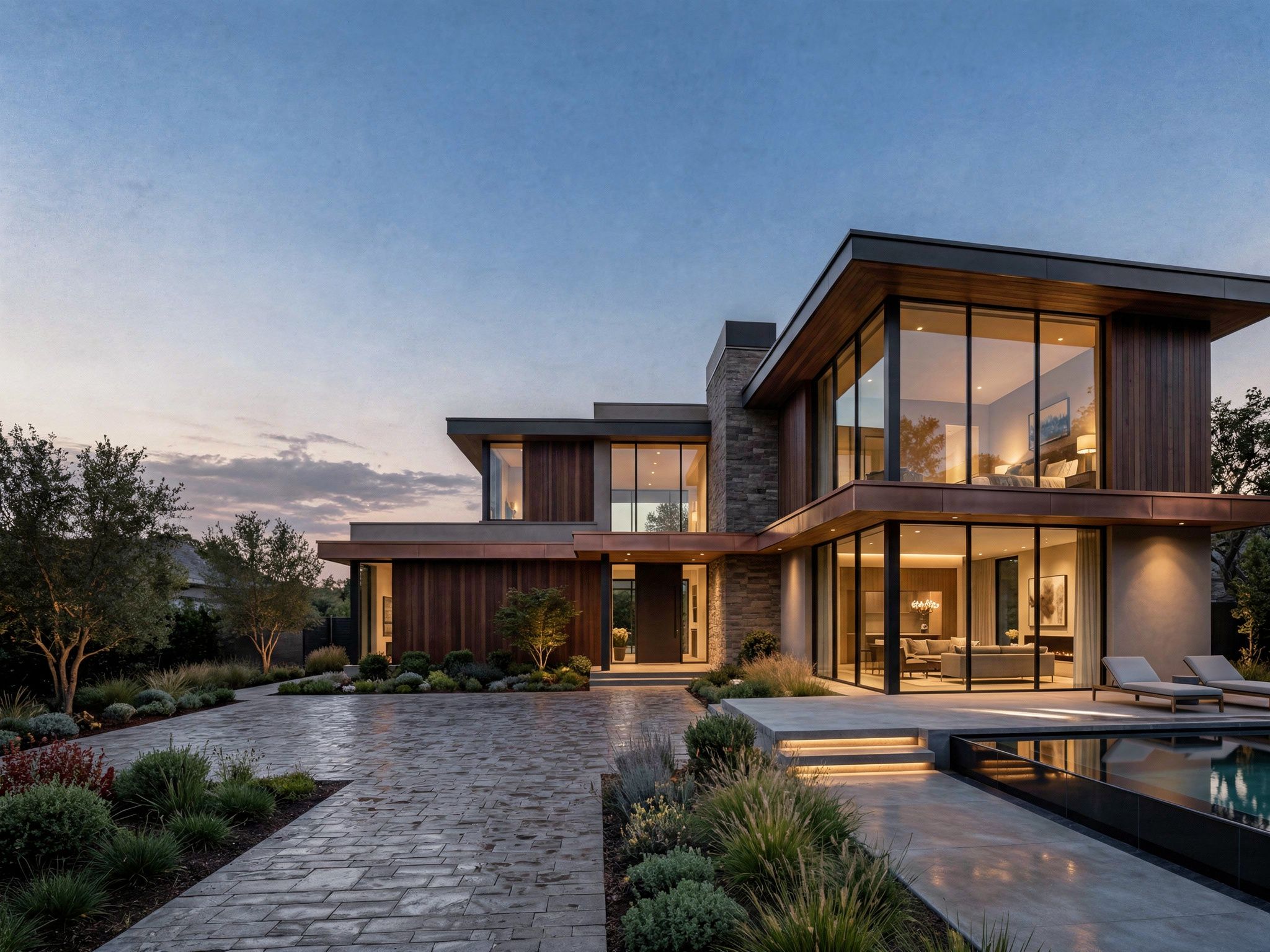 Luxury modern home exterior at dusk