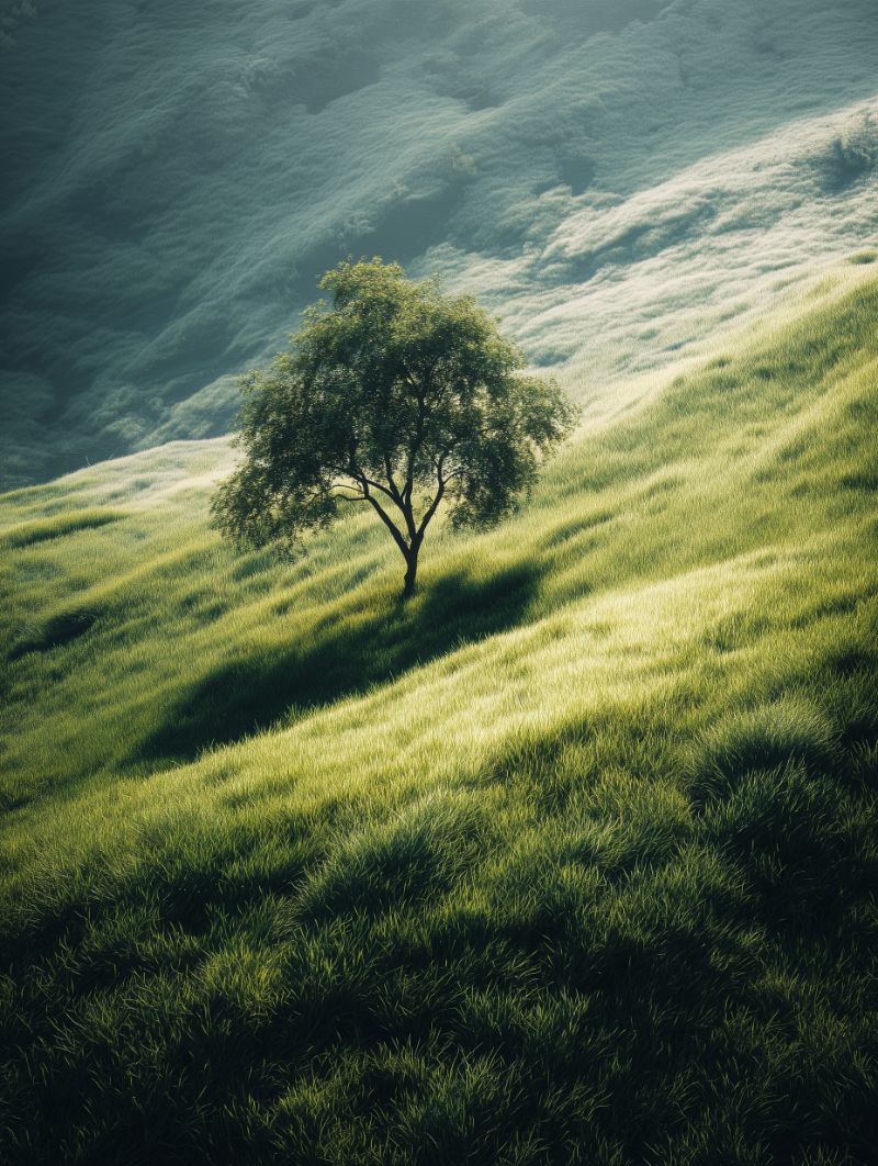 Lone Tree on Sunlit Grassy Hillside