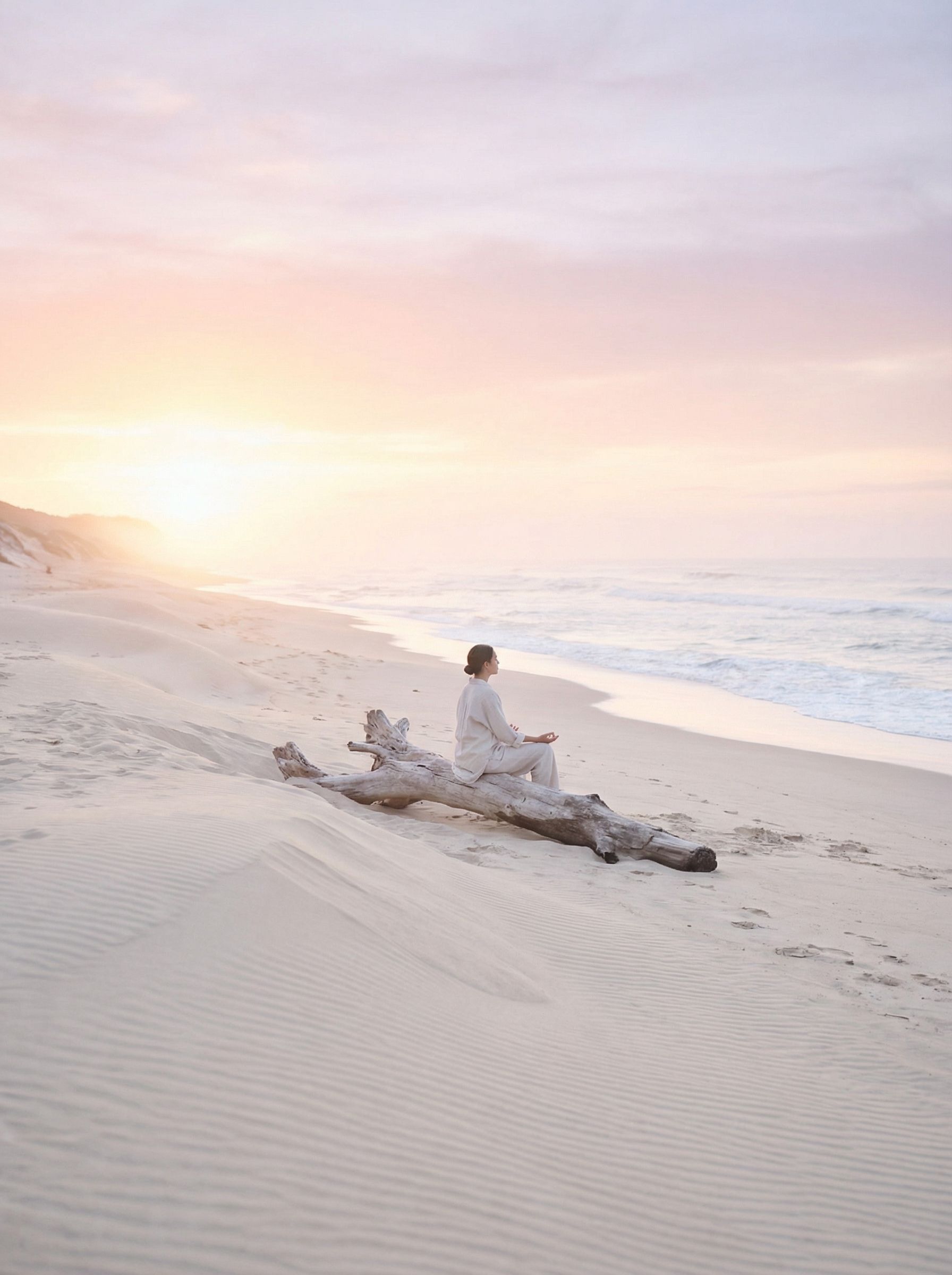 Person meditating on serene sunrise beach