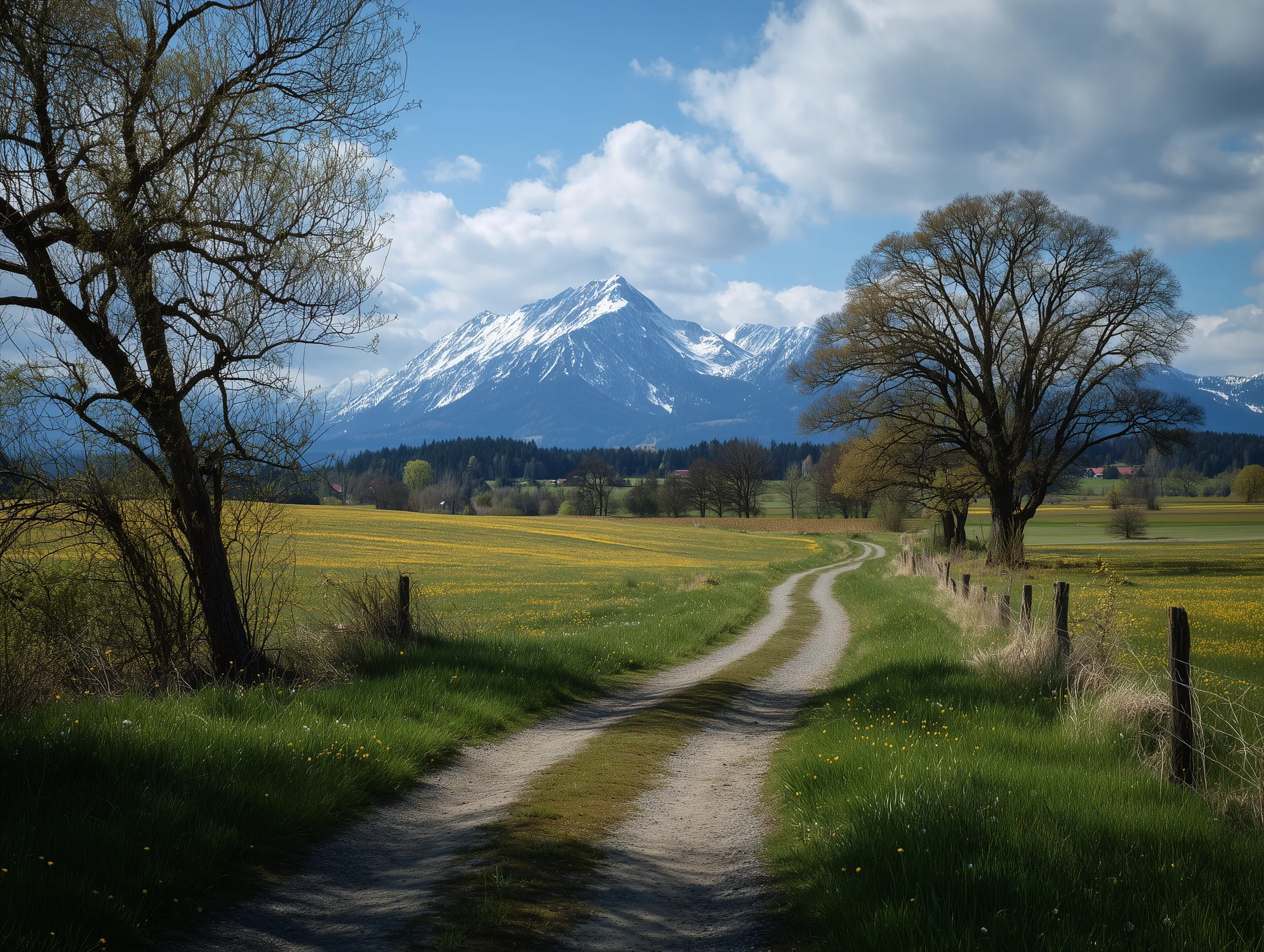 Country Path Leading to Snow-Capped Mountain