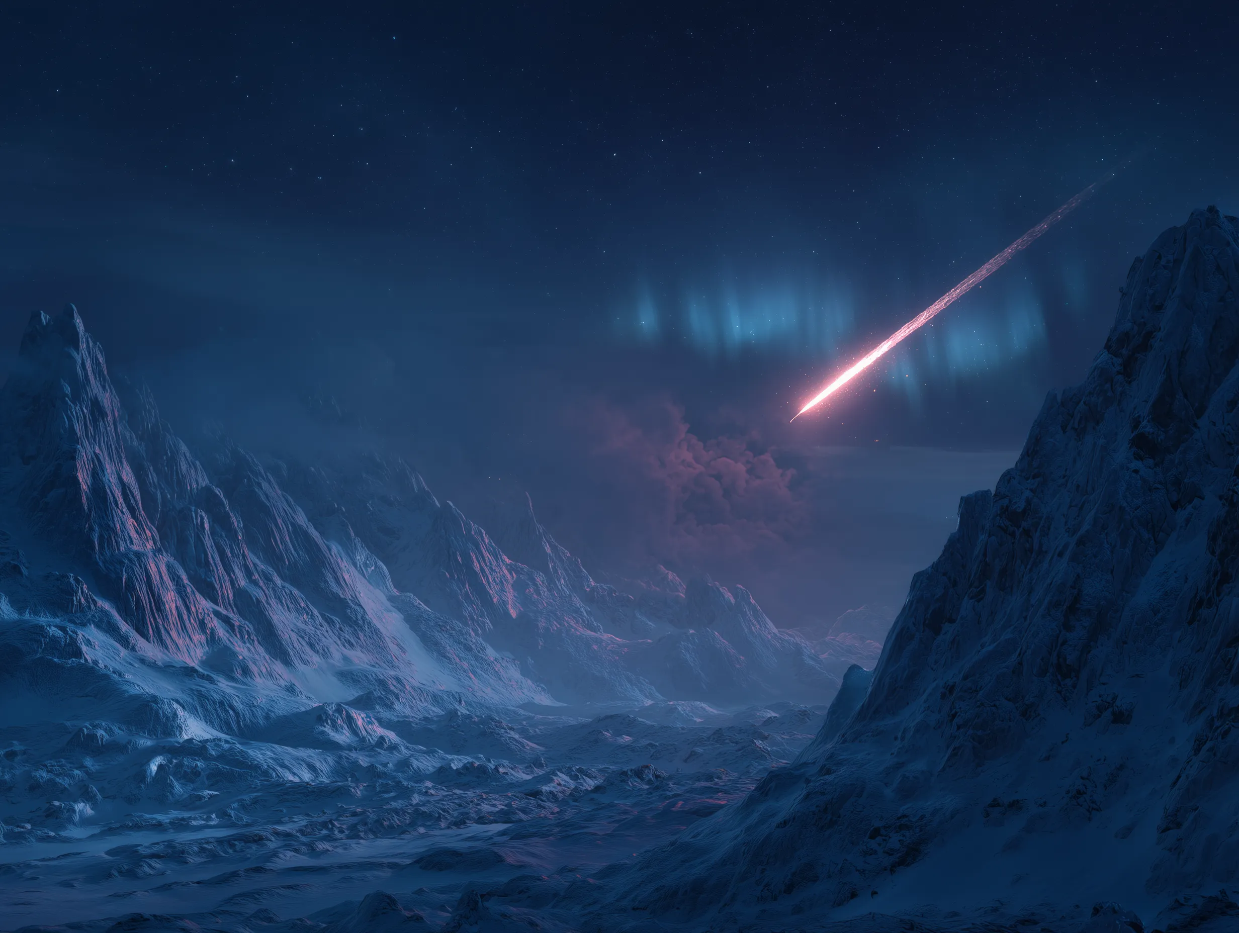 Meteor Streaking Over Frozen Mountain Range