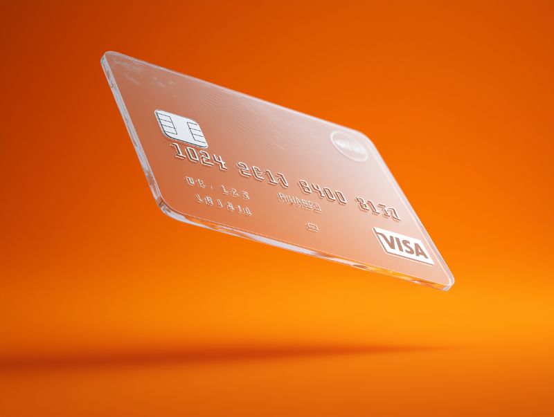 Transparent Visa credit card on orange backdrop