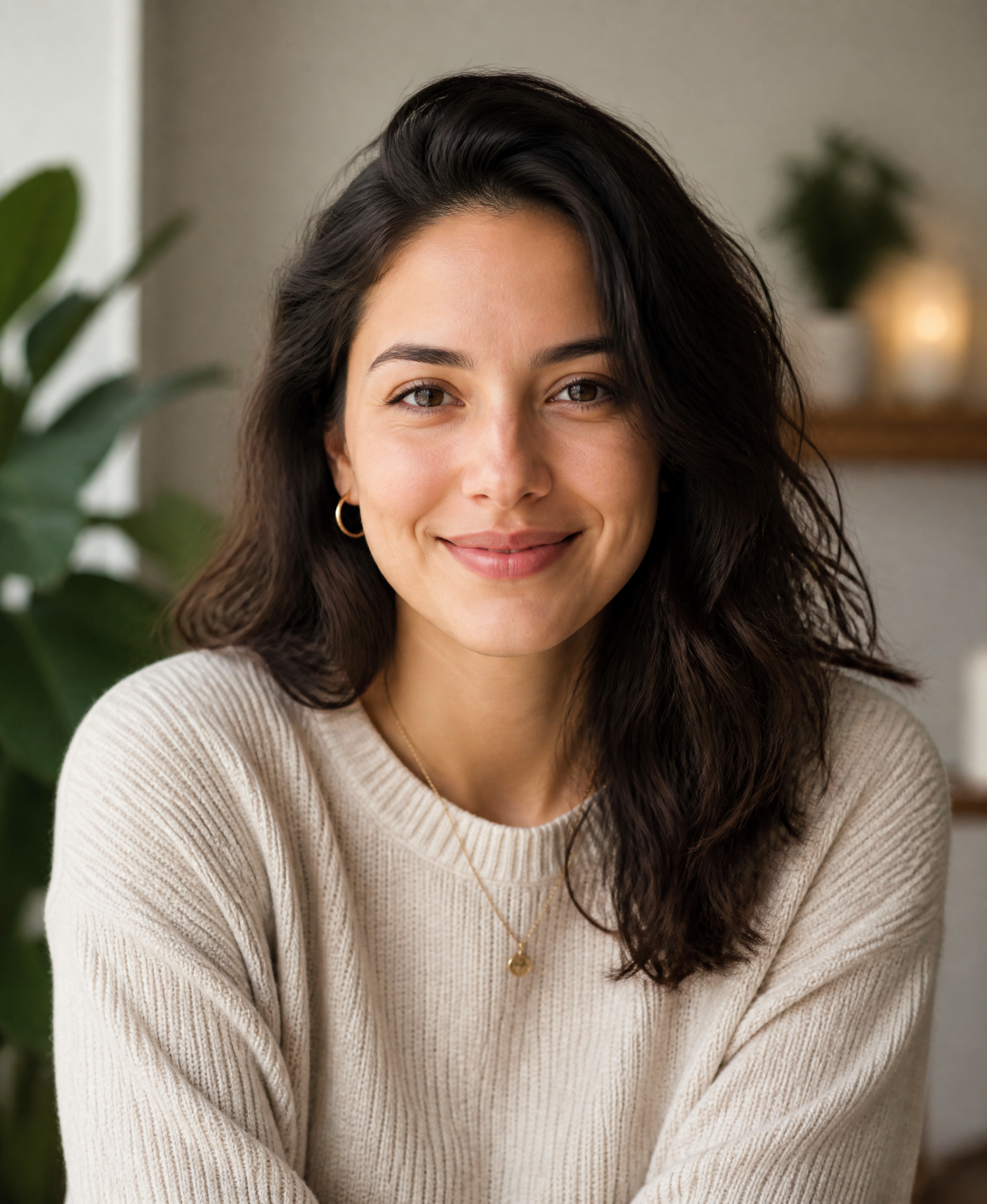 Portrait of a Smiling Woman in a Beige Sweater