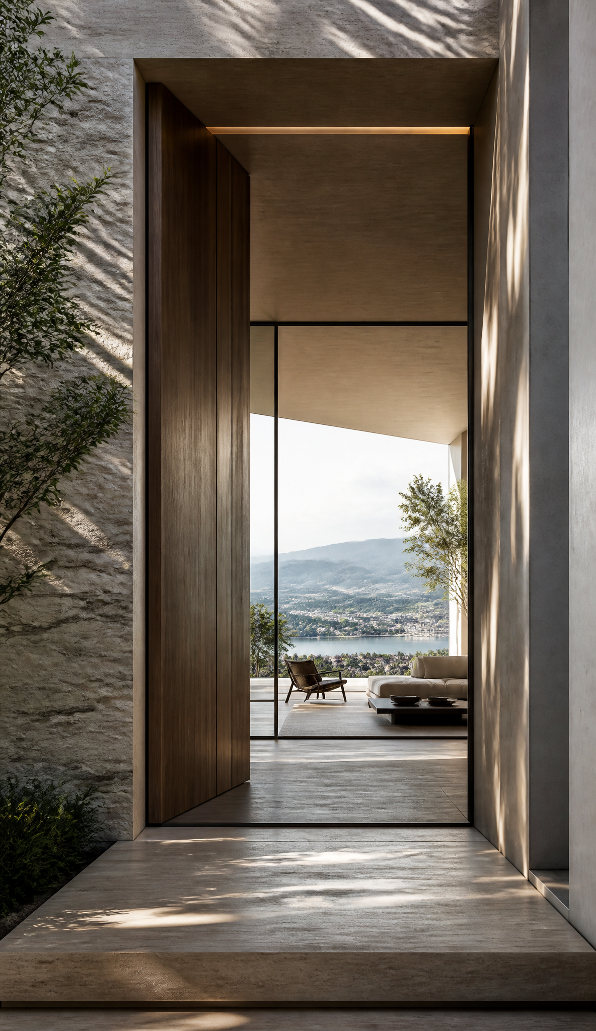 Minimalist Architectural Entrance with Scenic Lake View