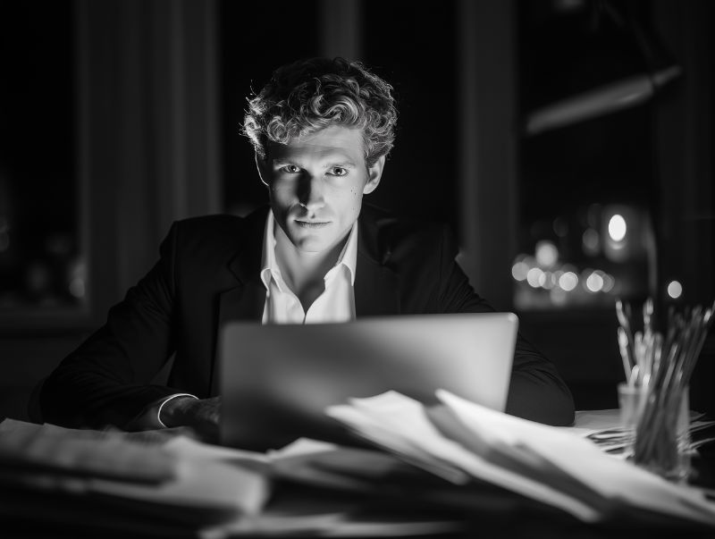 Young executive working late by laptop in monochrome