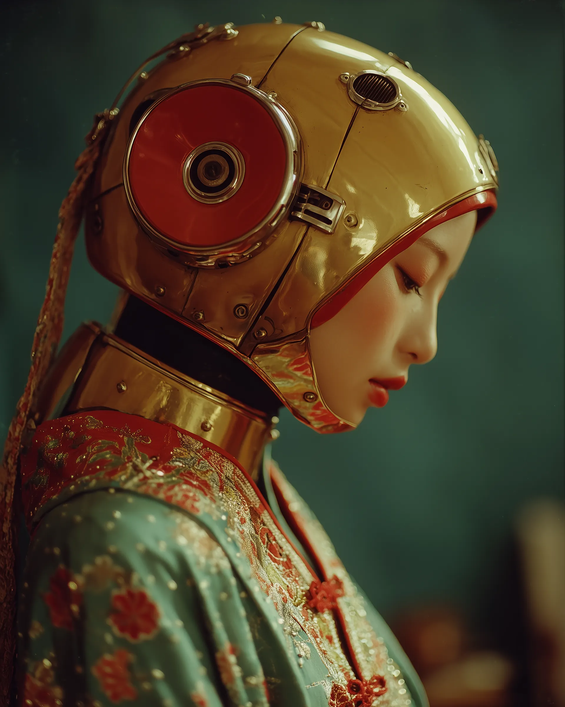 Futuristic Woman in Gold Cyber Helmet Profile