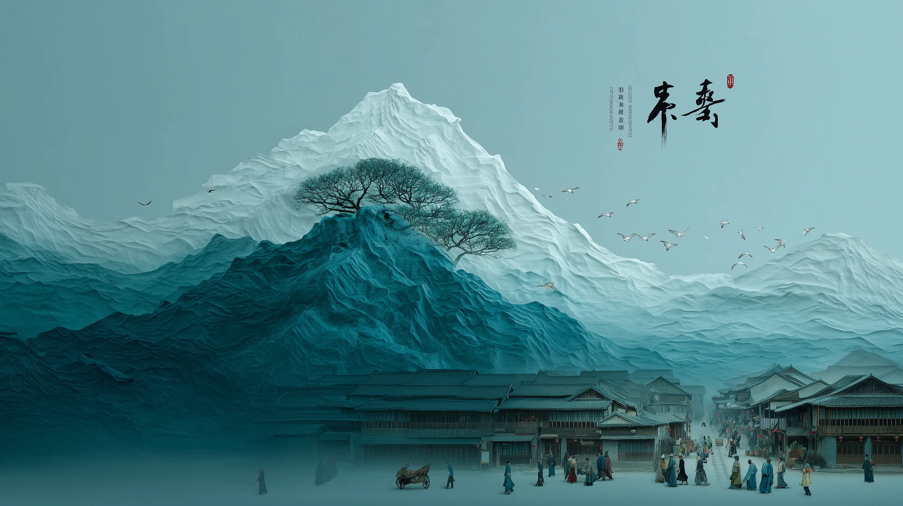 Traditional Chinese Mountain Landscape and Village Illustration