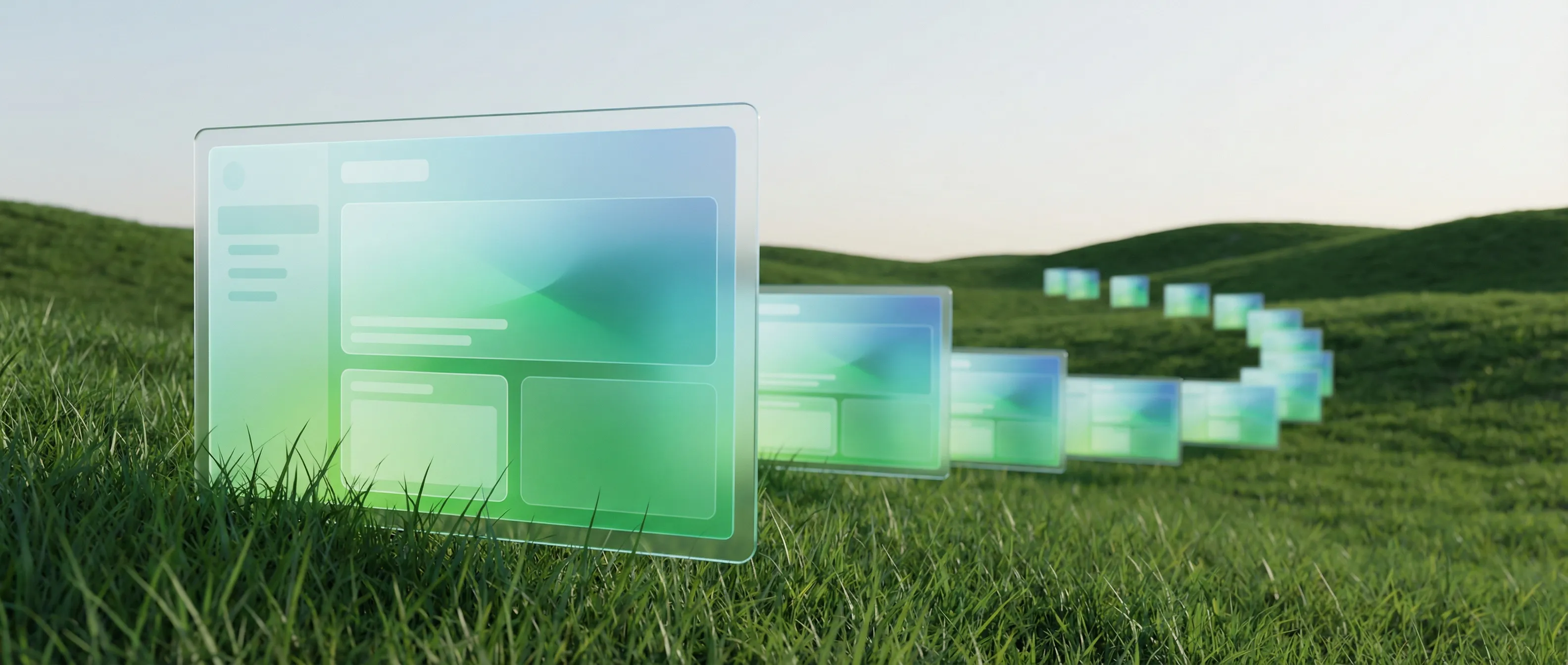 Floating digital panels over green landscape