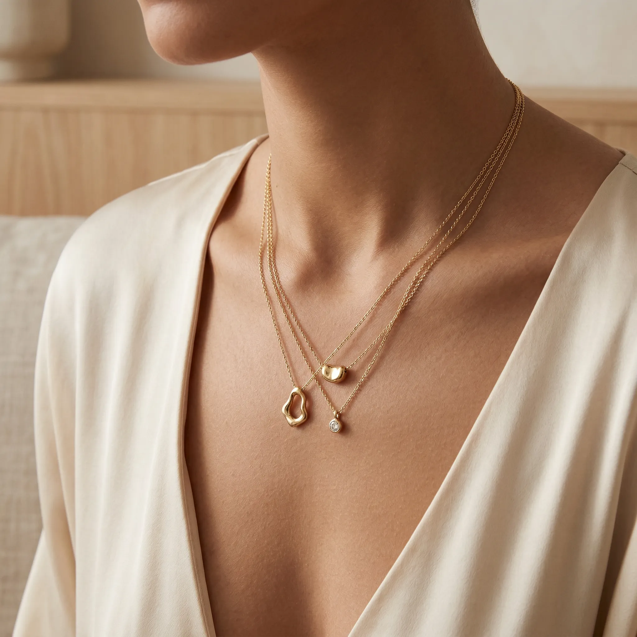 Layered Gold Necklaces on Neutral Blouse