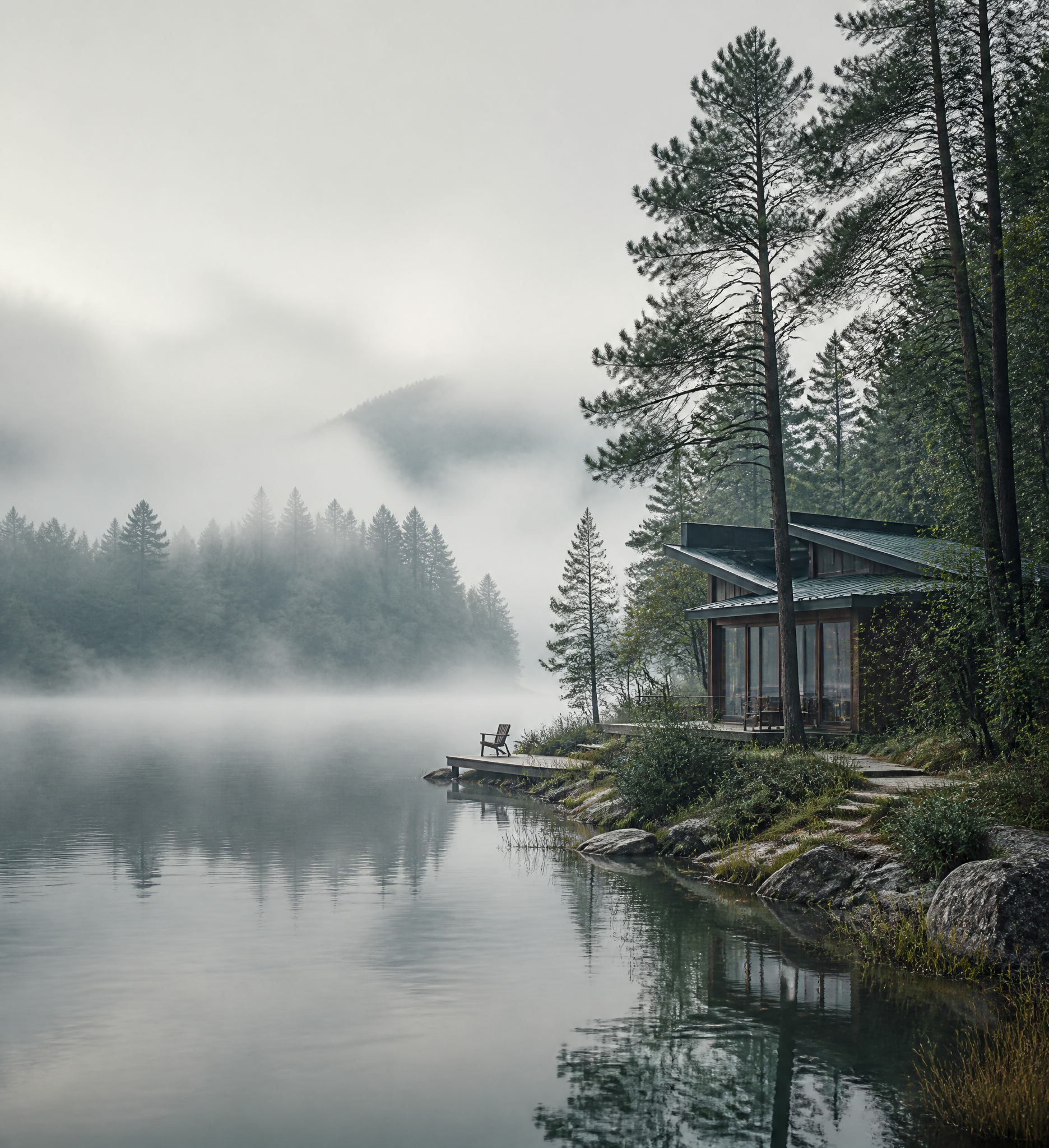 Modern Cabin by Foggy Lake at Dawn