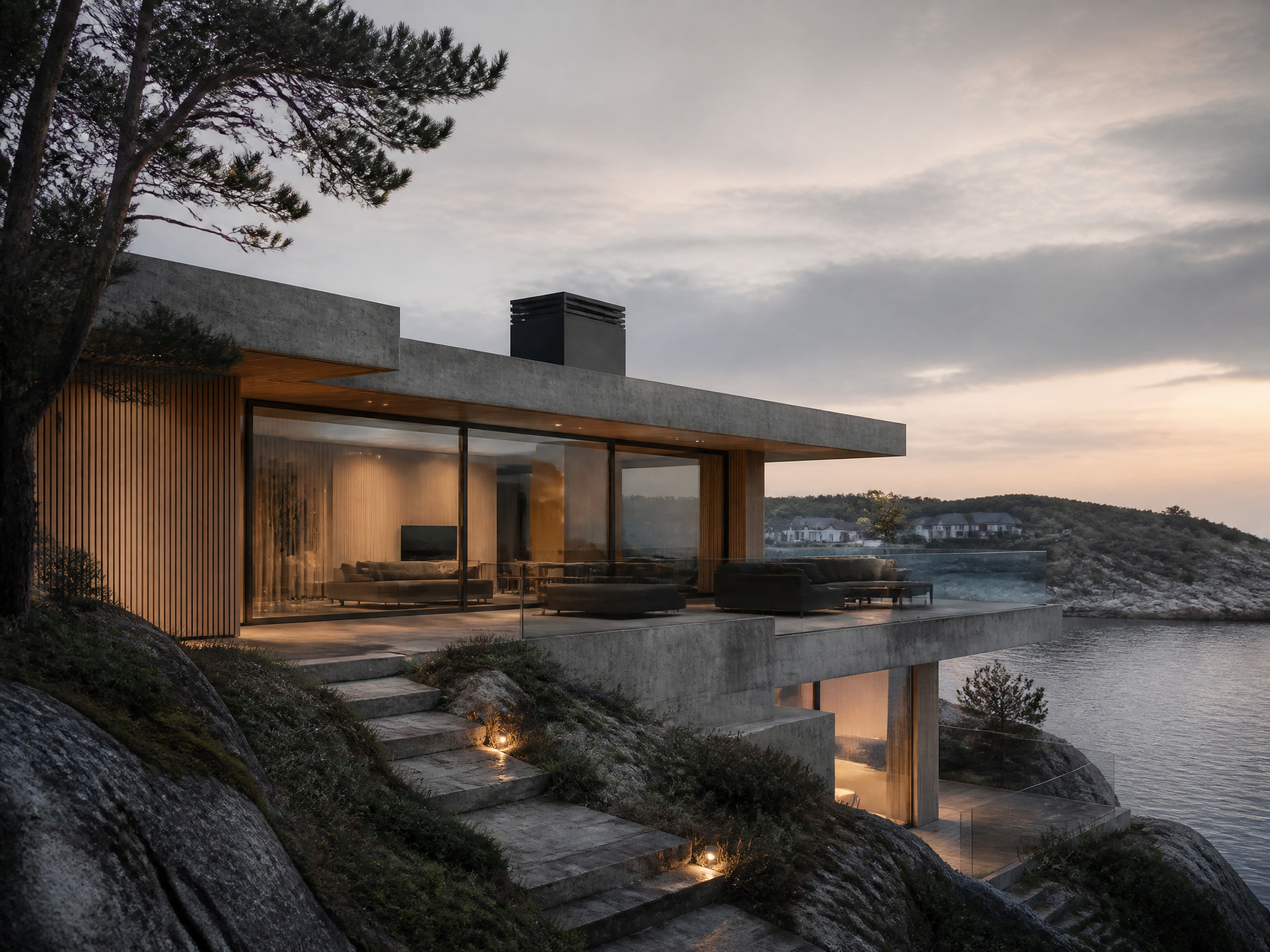 Modern Concrete Villa on Rocky Coastline at Twilight