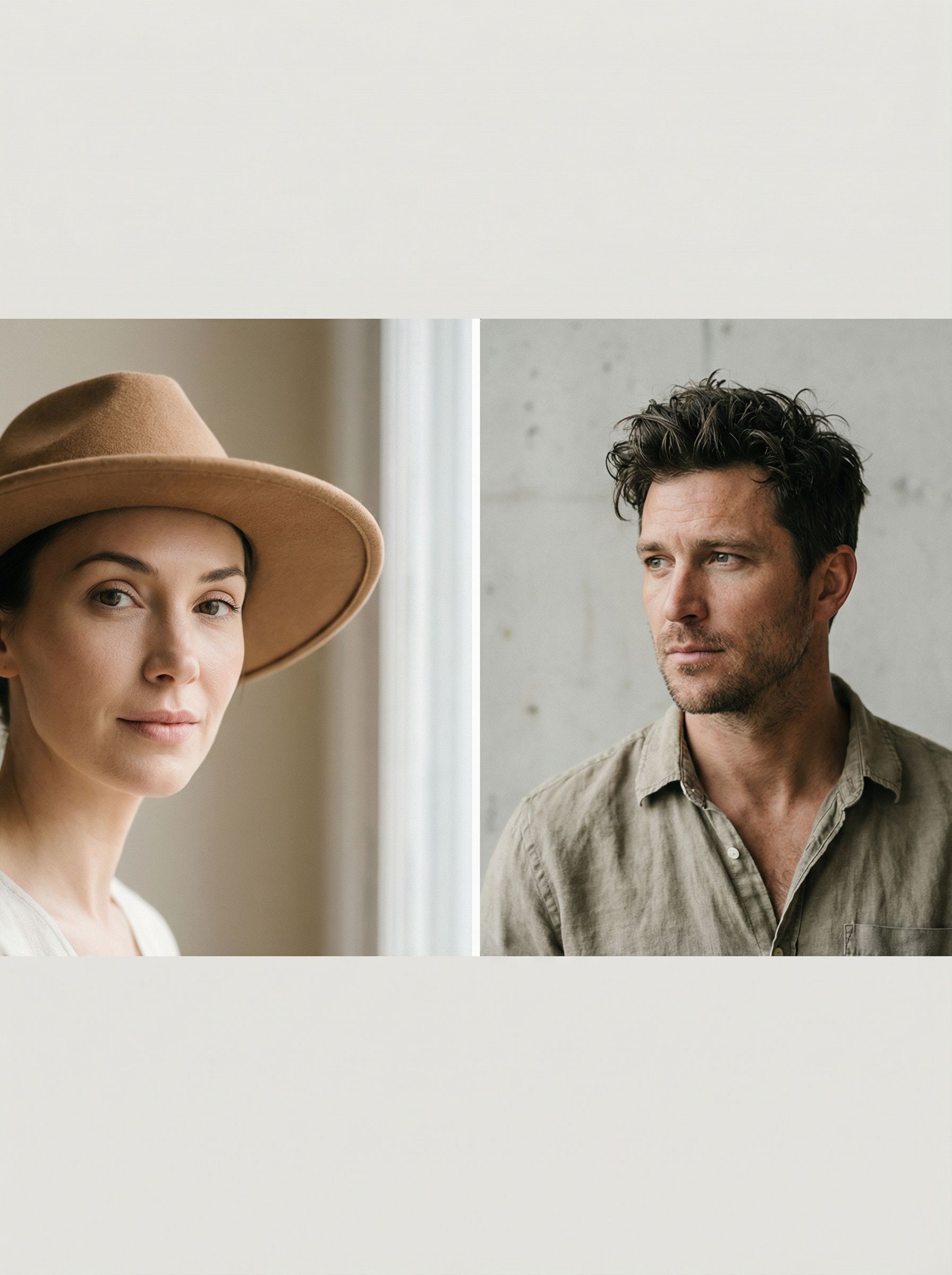 Minimalist diptych portraits of man and woman