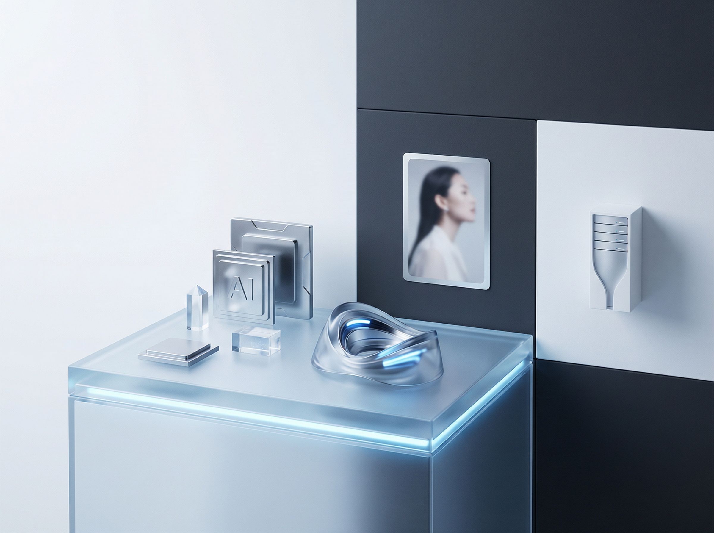 Futuristic AI technology display in minimal studio
