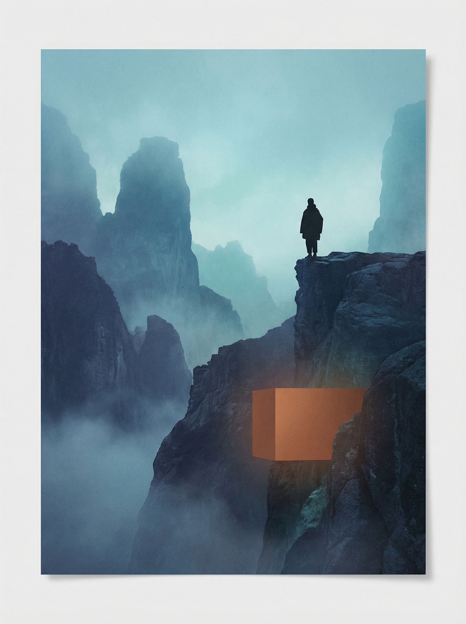 Solitary figure on misty cliffs with orange cube