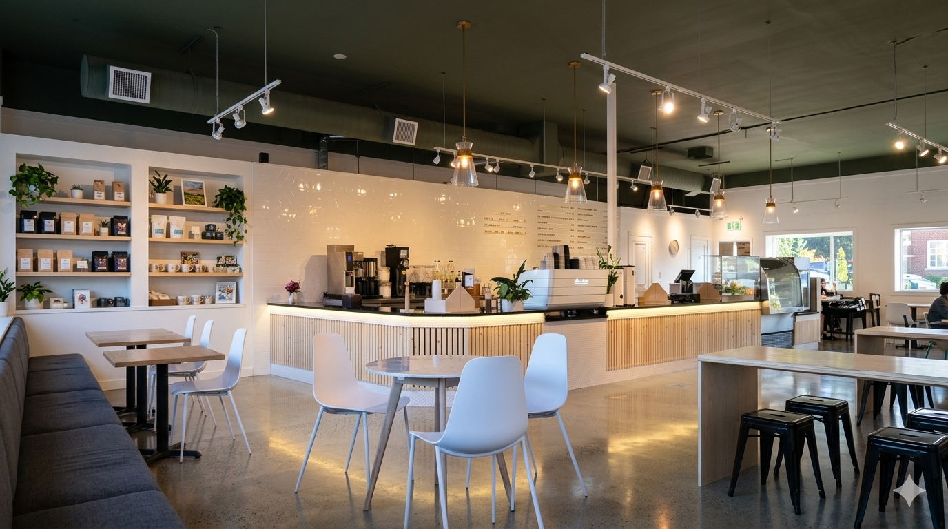 Modern coffee shop counter with warm sunlight and espresso service