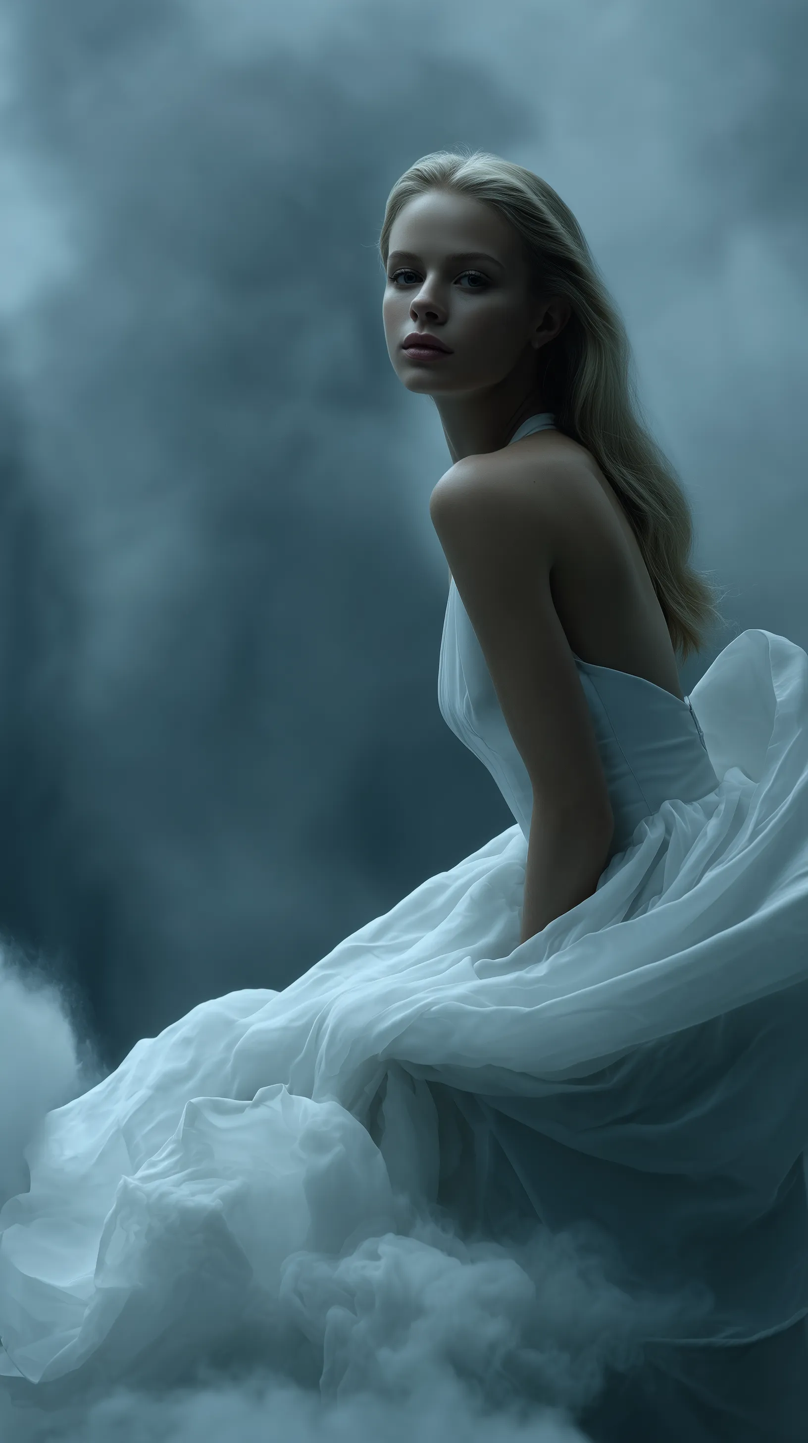 Woman in Flowing White Gown Amid Misty Blue Atmosphere