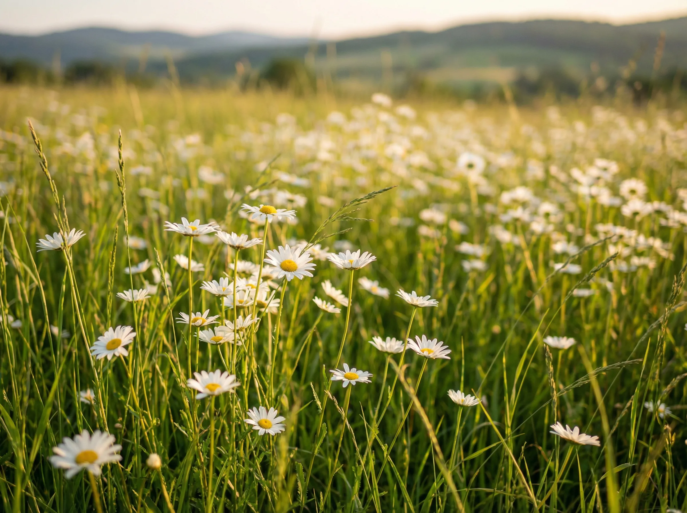 Wildflower meadow with daisies at sunset
