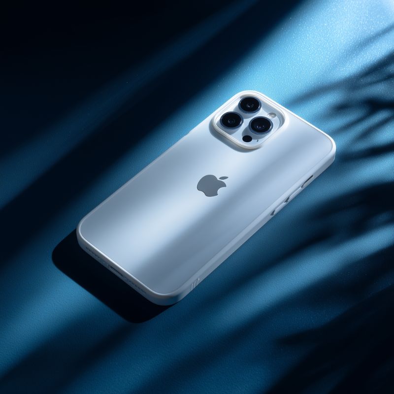 White iPhone with Triple Camera on Blue Surface