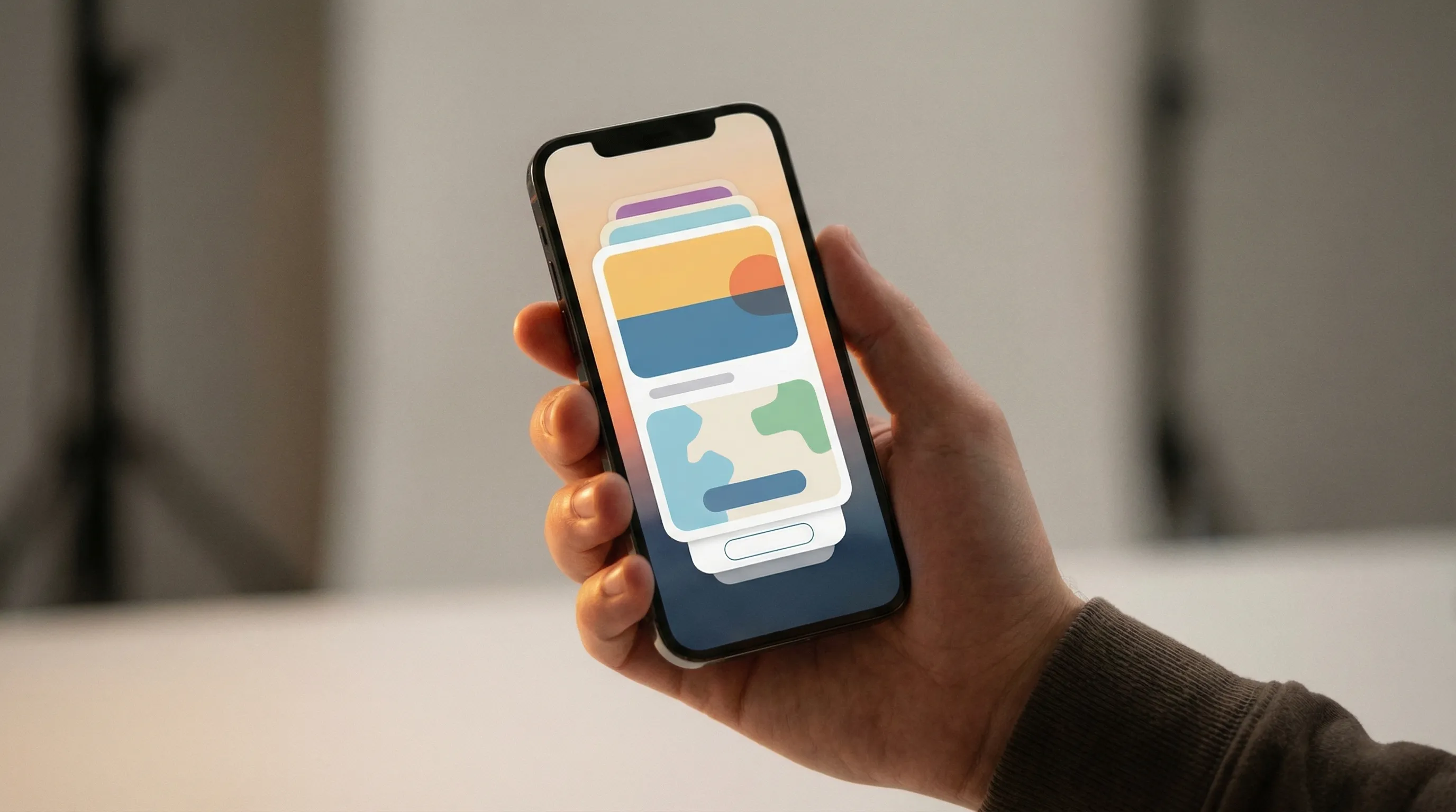 Hand holding smartphone with colorful app UI