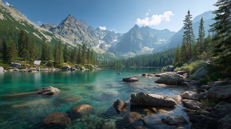 Turquoise Alpine Lake with Pine Forest and Peaks