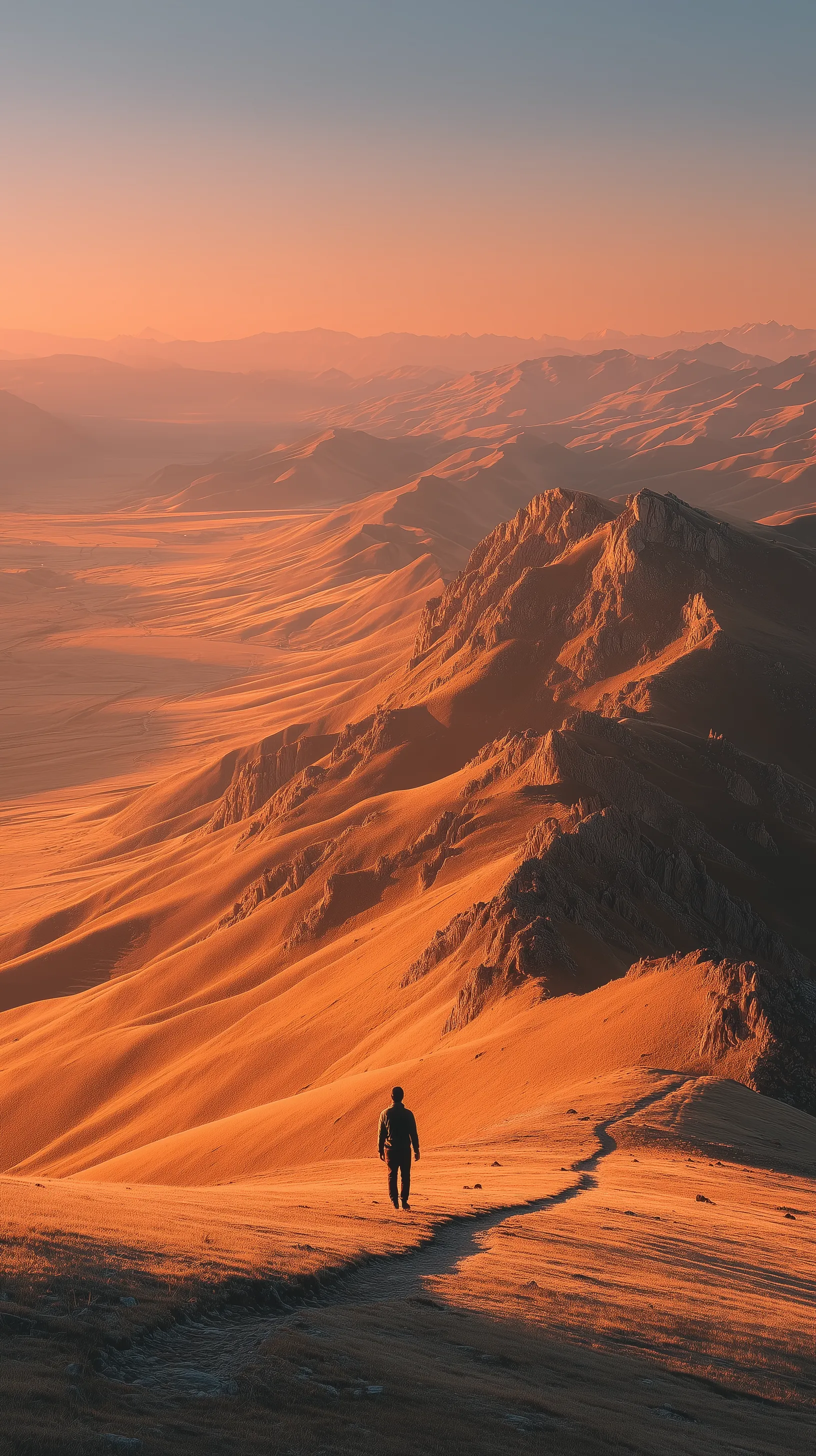 Hiker on a Golden Mountain Ridge at Sunset