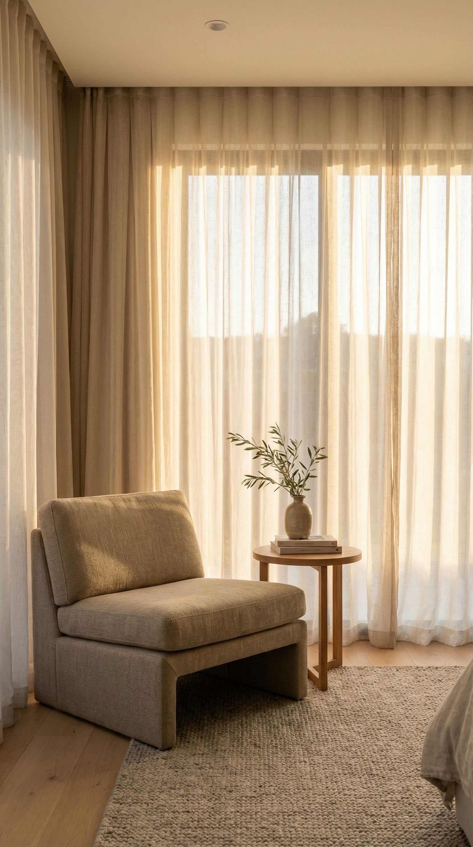 Minimalist lounge chair by sunlit curtains