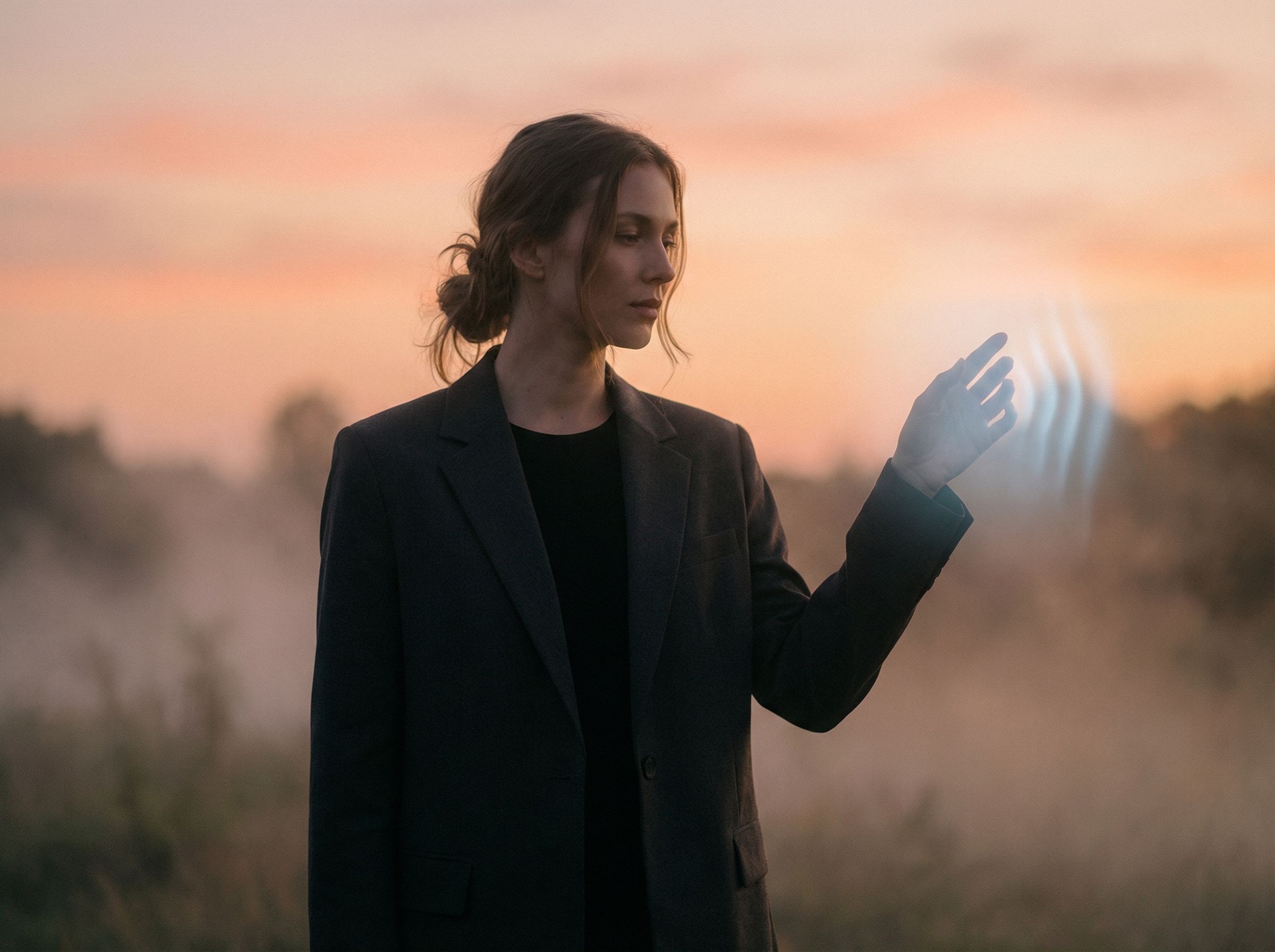 Woman touching holographic light at sunset
