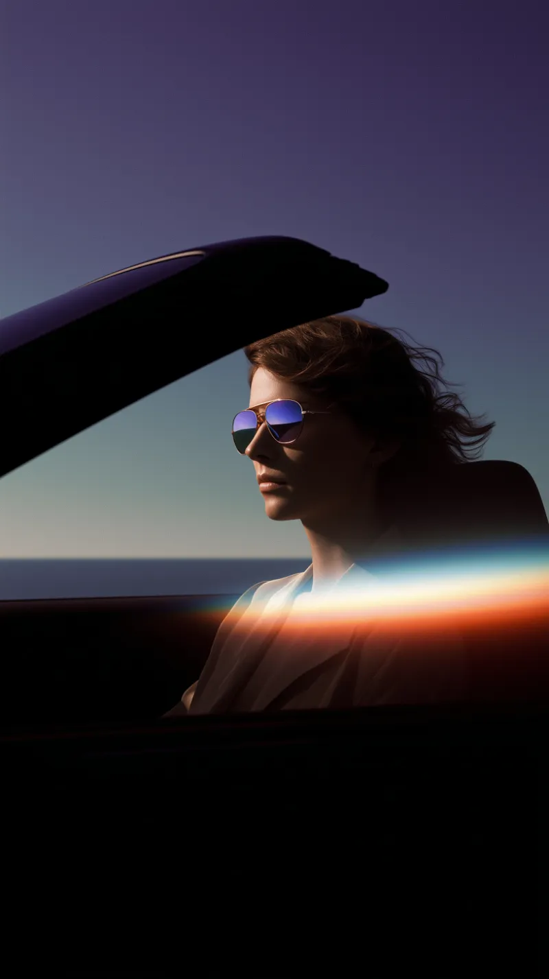 Stylish woman in convertible at sunset