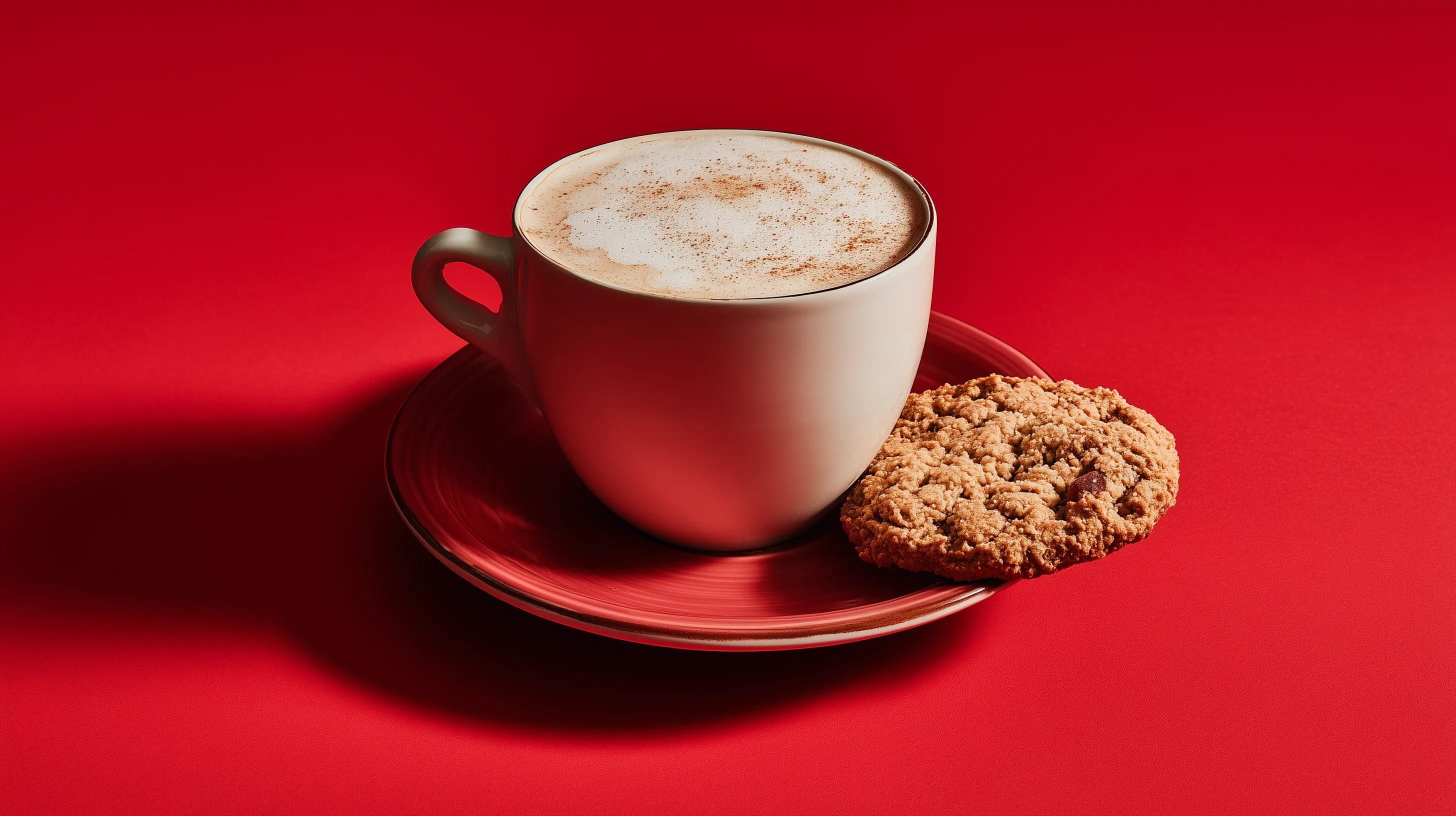 Coffee Cup and Oatmeal Cookie on Red Background