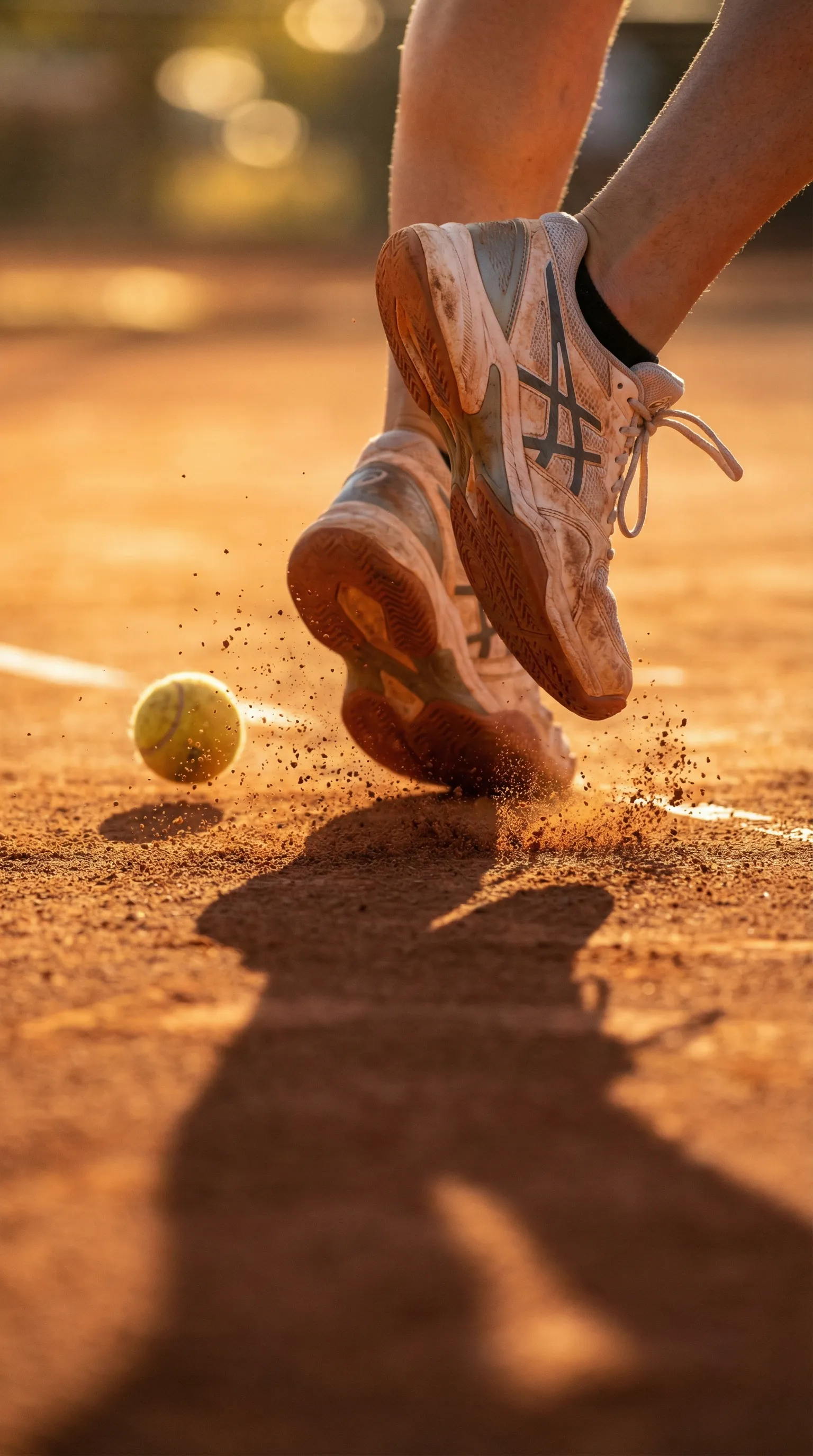 Tennis player feet on clay court in motion