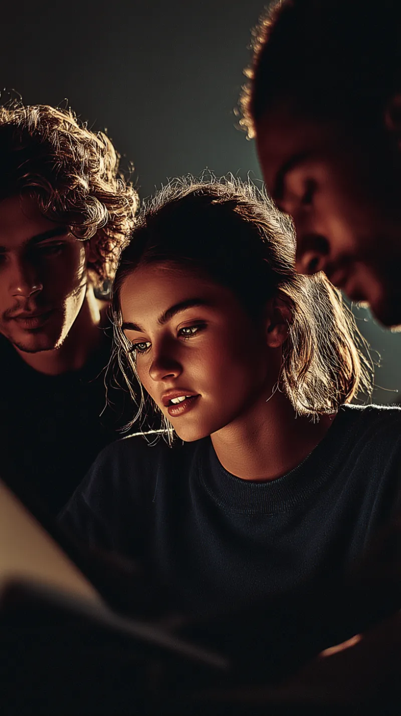 Focused students collaborating in low light