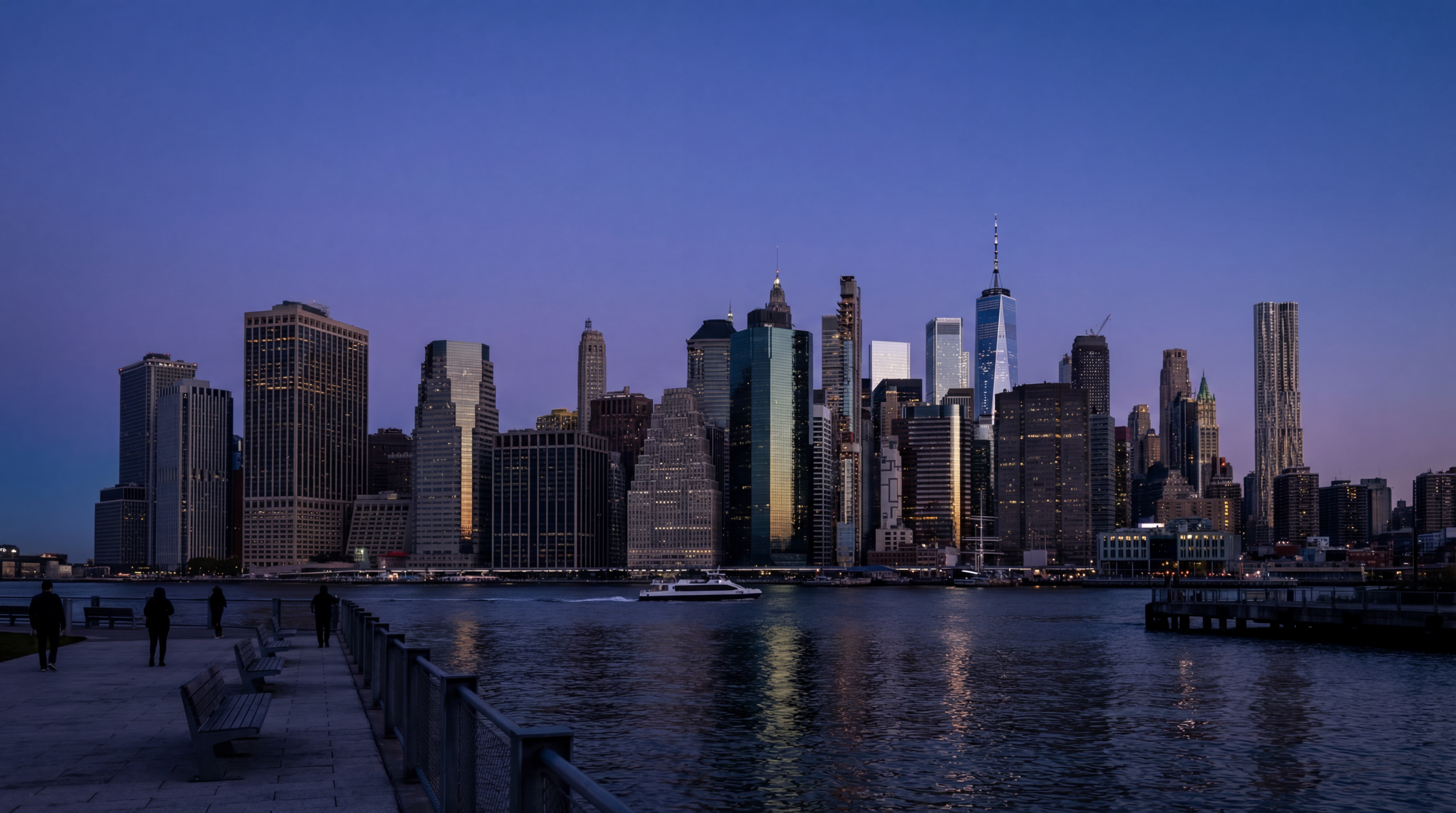 Twilight waterfront city skyline panorama