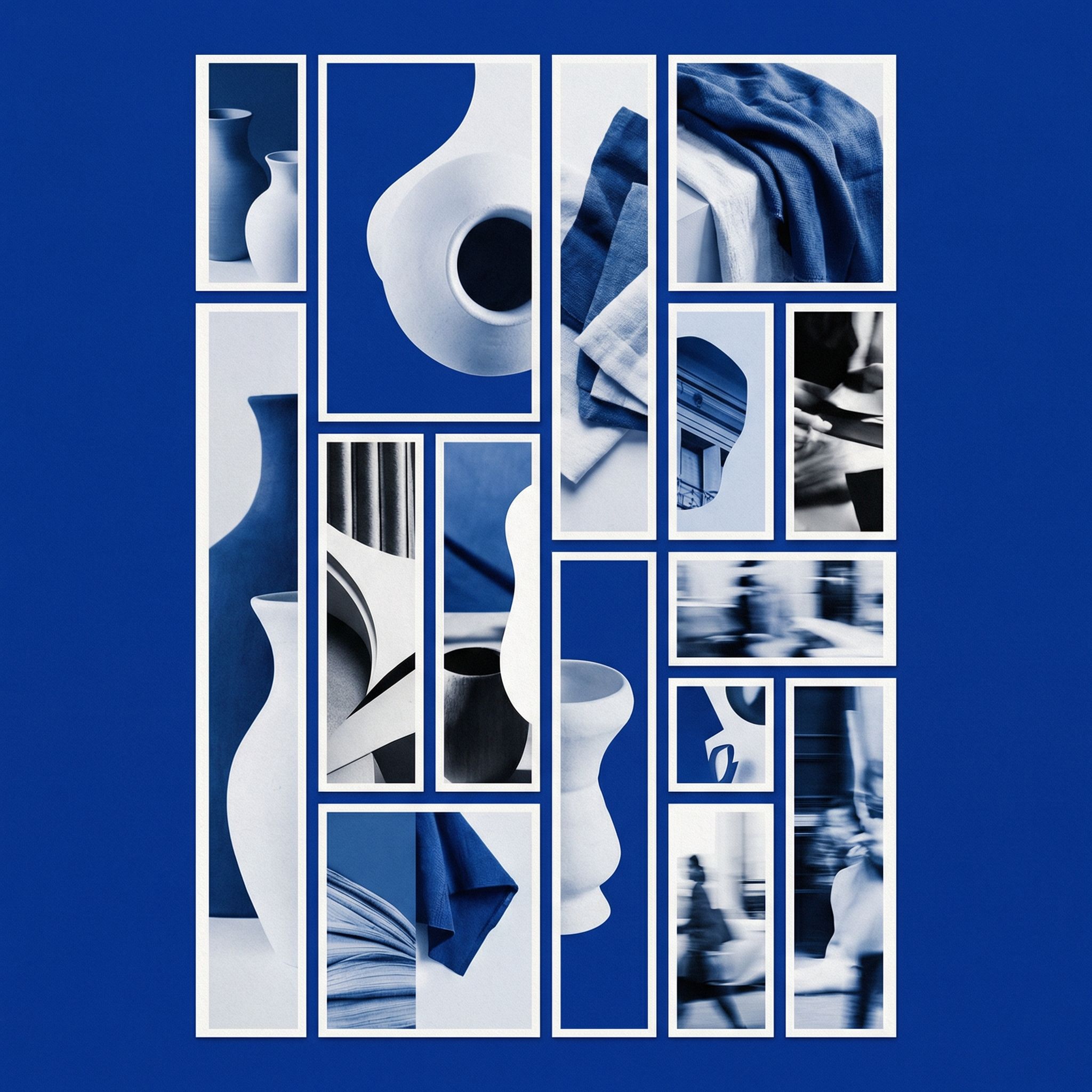 Abstract blue collage of ceramics and textiles