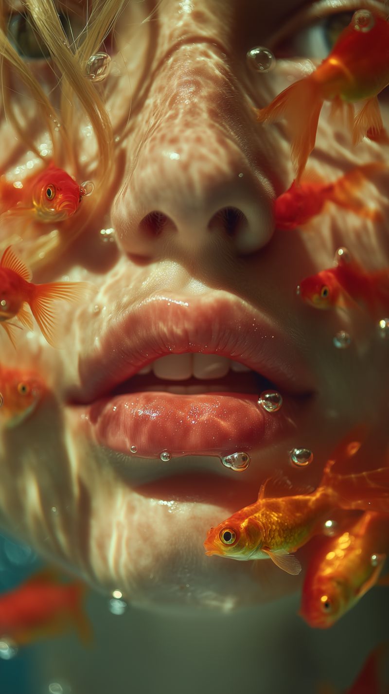 Surreal underwater portrait with goldfish and lips