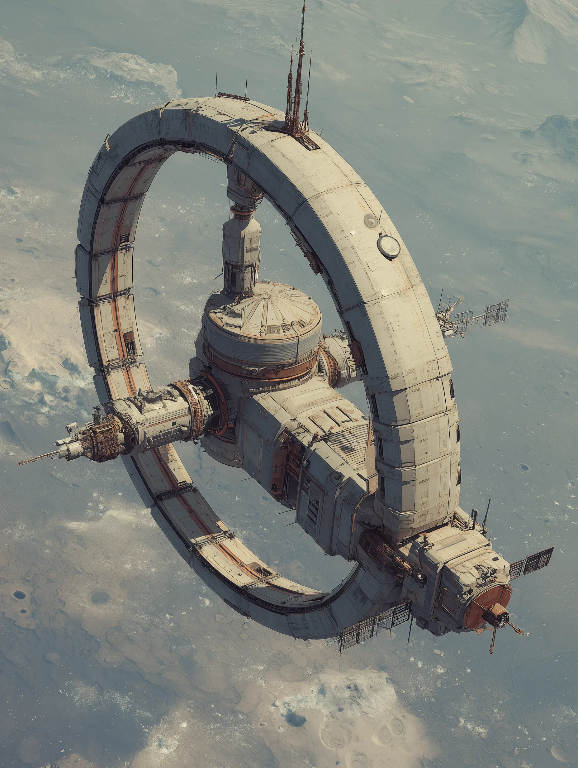 Ring-Shaped Space Station Above Icy Moon