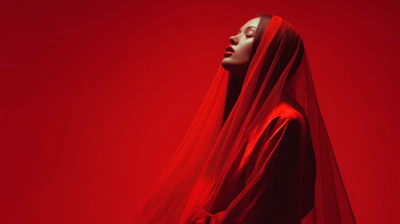 Side Profile Portrait of Veiled Woman in Red
