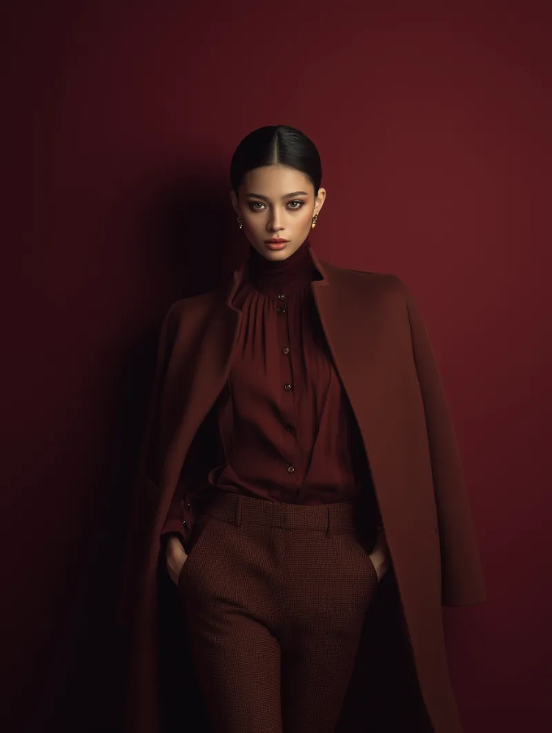 Elegant woman in monochrome burgundy fashion