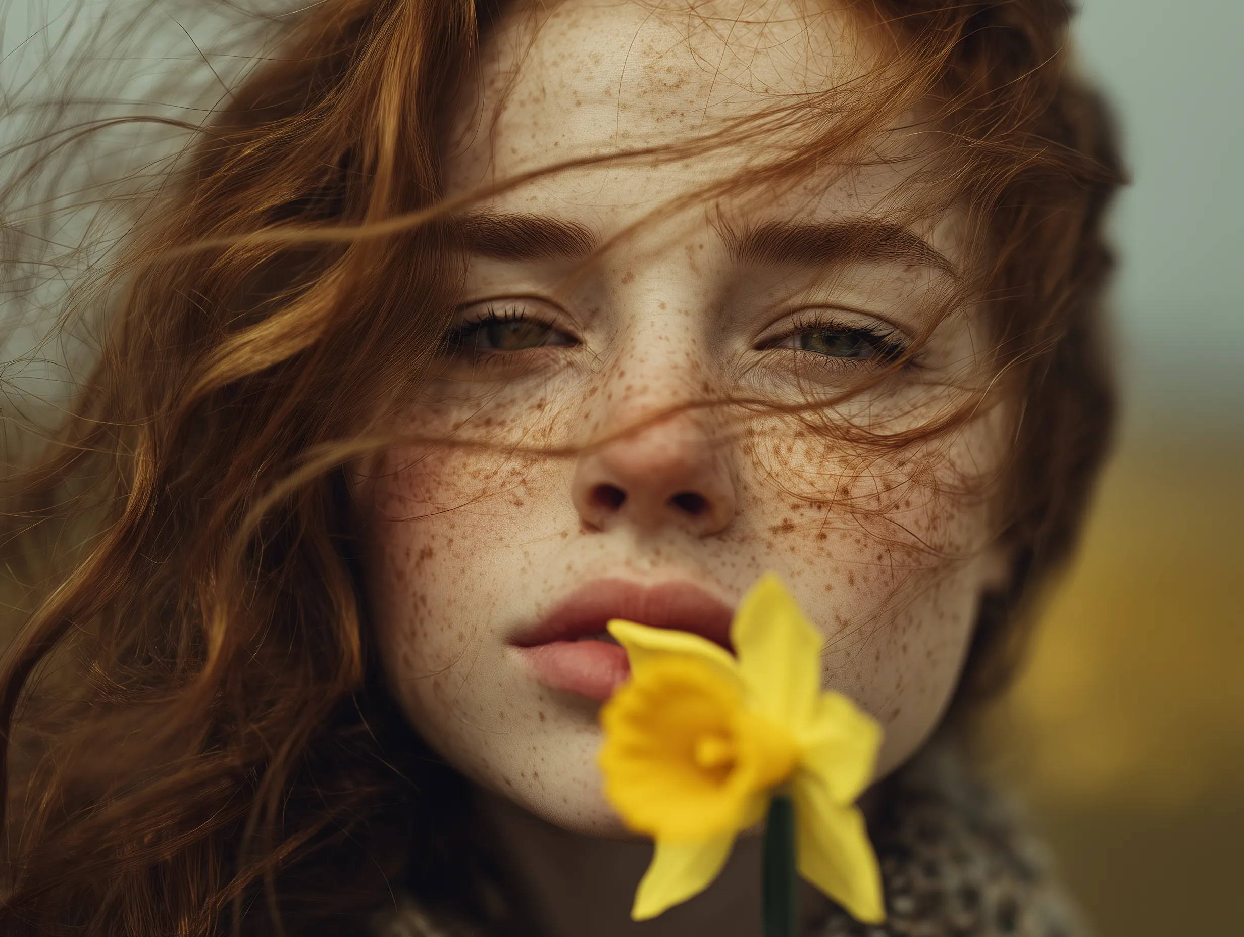 Freckled Redhead Portrait with Daffodil