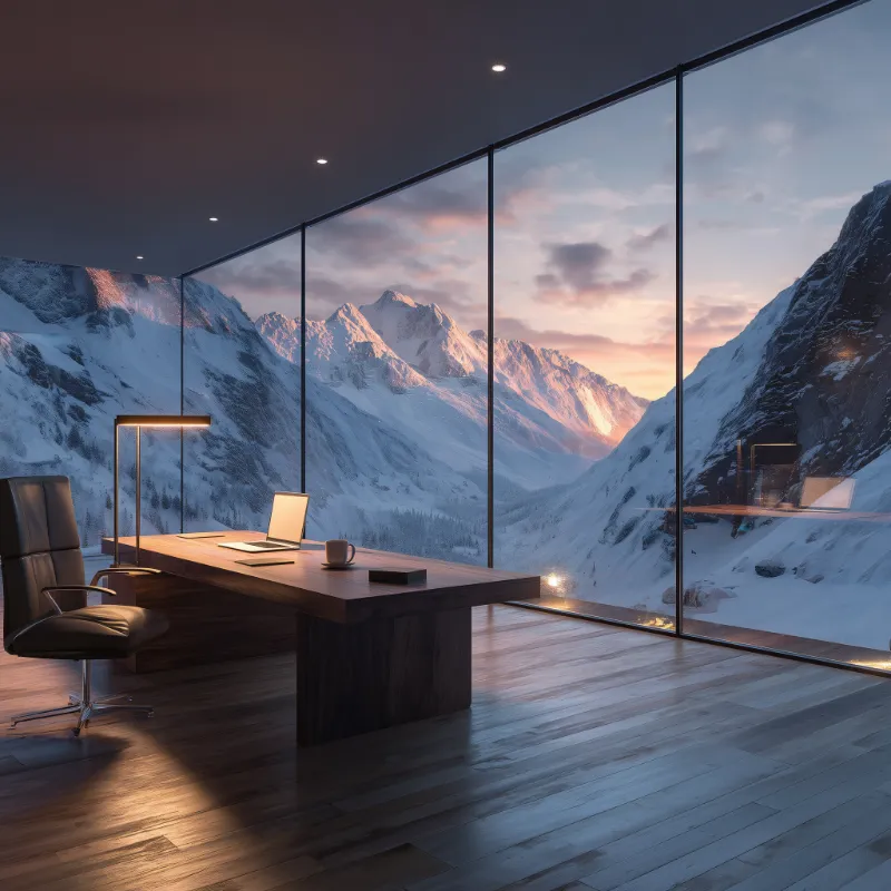 Modern mountain-view office at sunset
