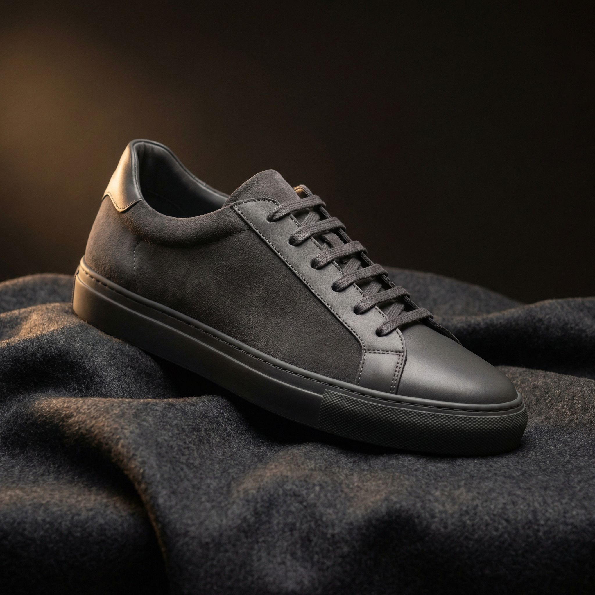 Gray suede leather sneaker on dark fabric