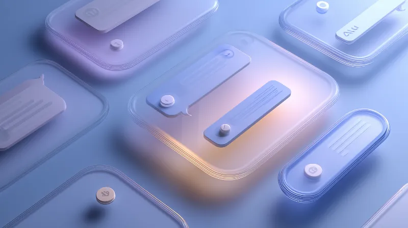 3D glassmorphism chat UI elements on blue backdrop