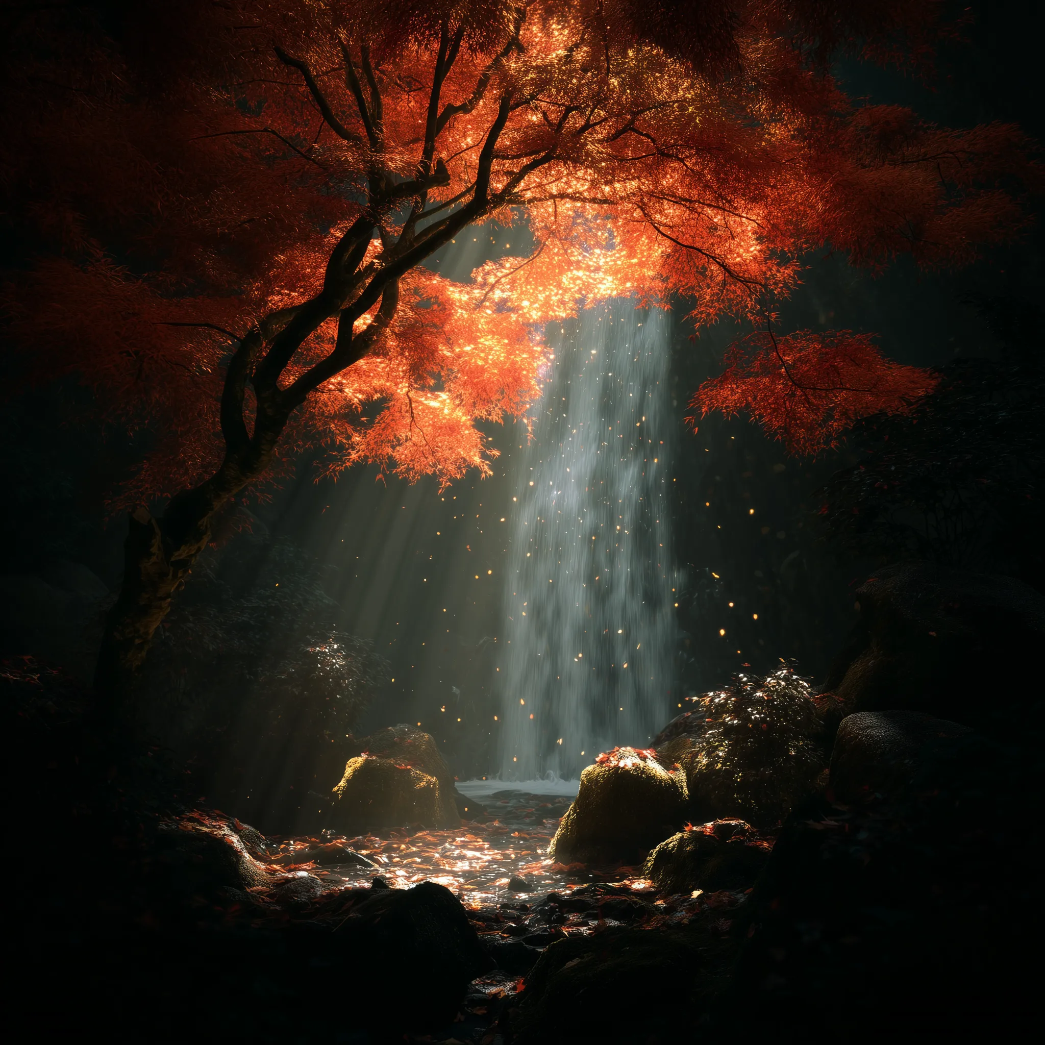 Glowing Autumn Tree by Forest Waterfall