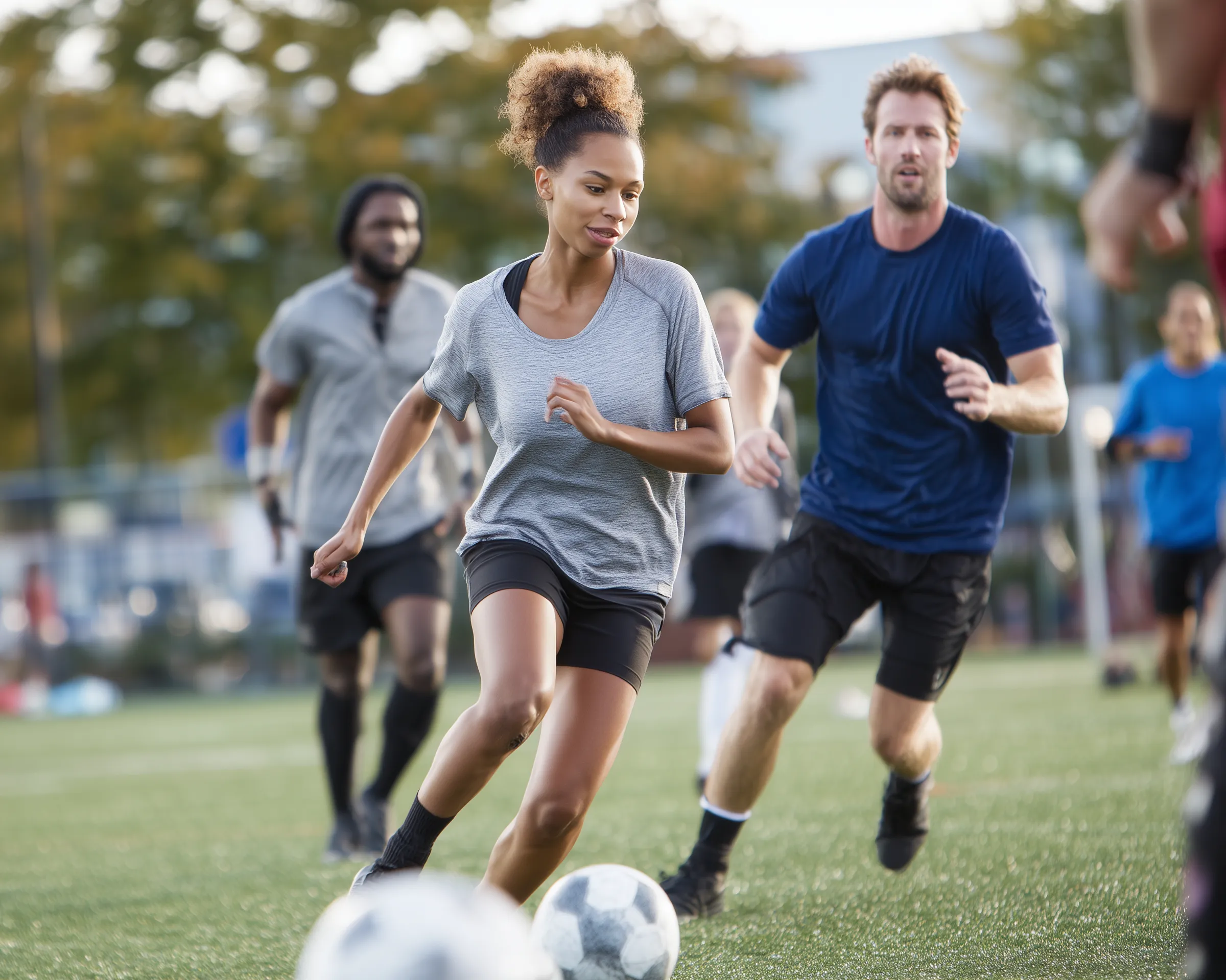 Mixed group playing competitive soccer outdoors