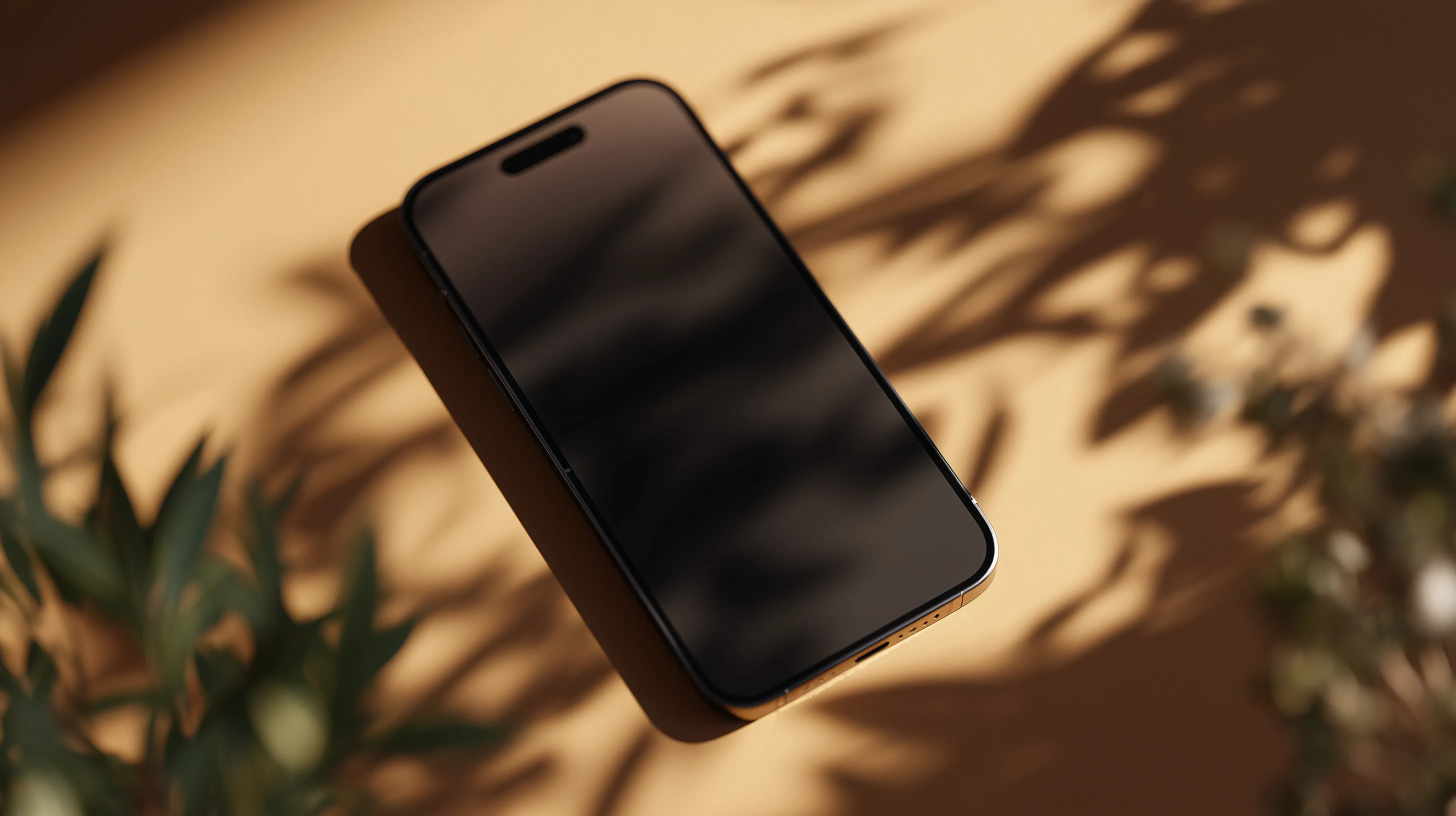 Floating smartphone with soft leaf shadows