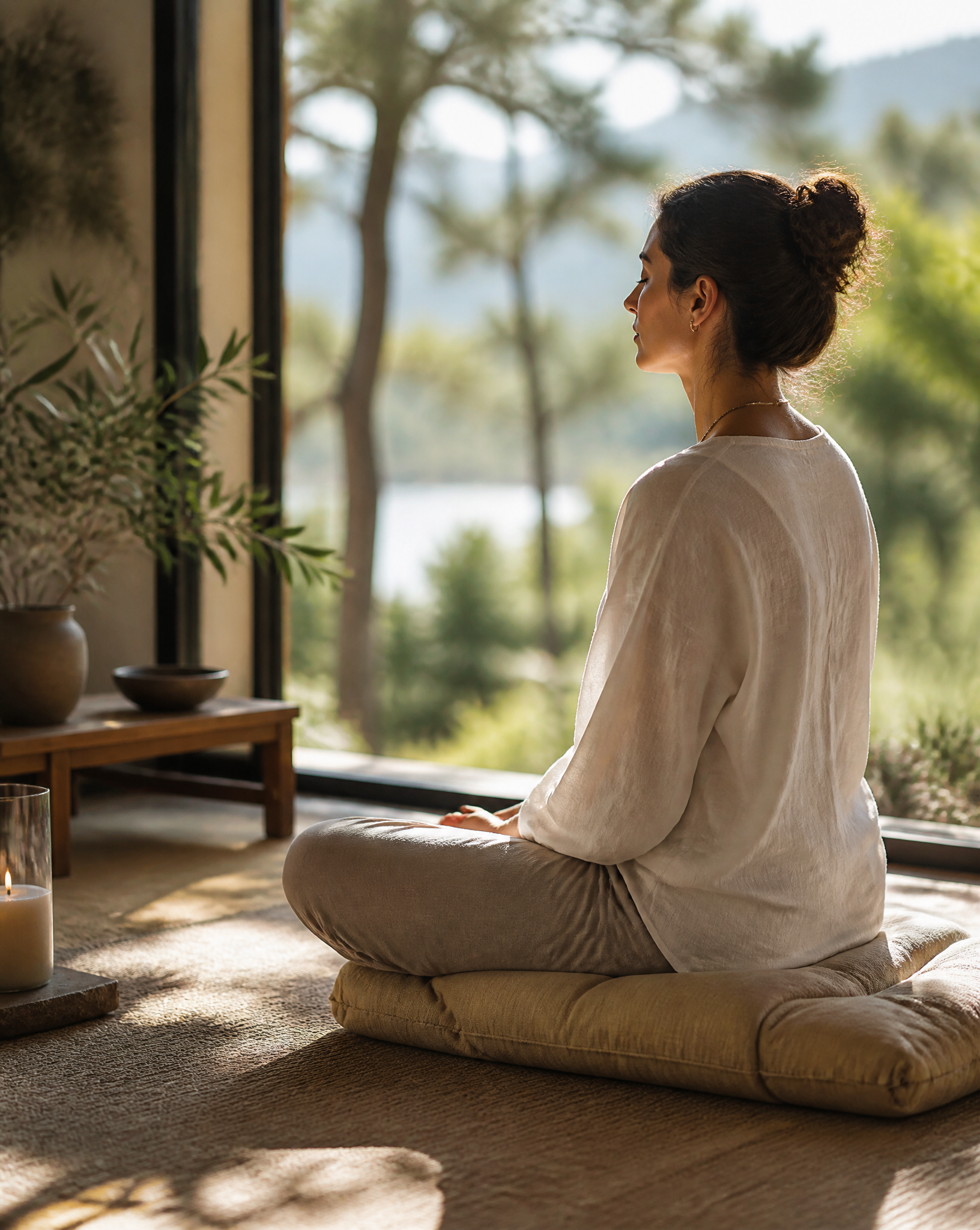 Woman Meditating in Sunlit Zen Interior