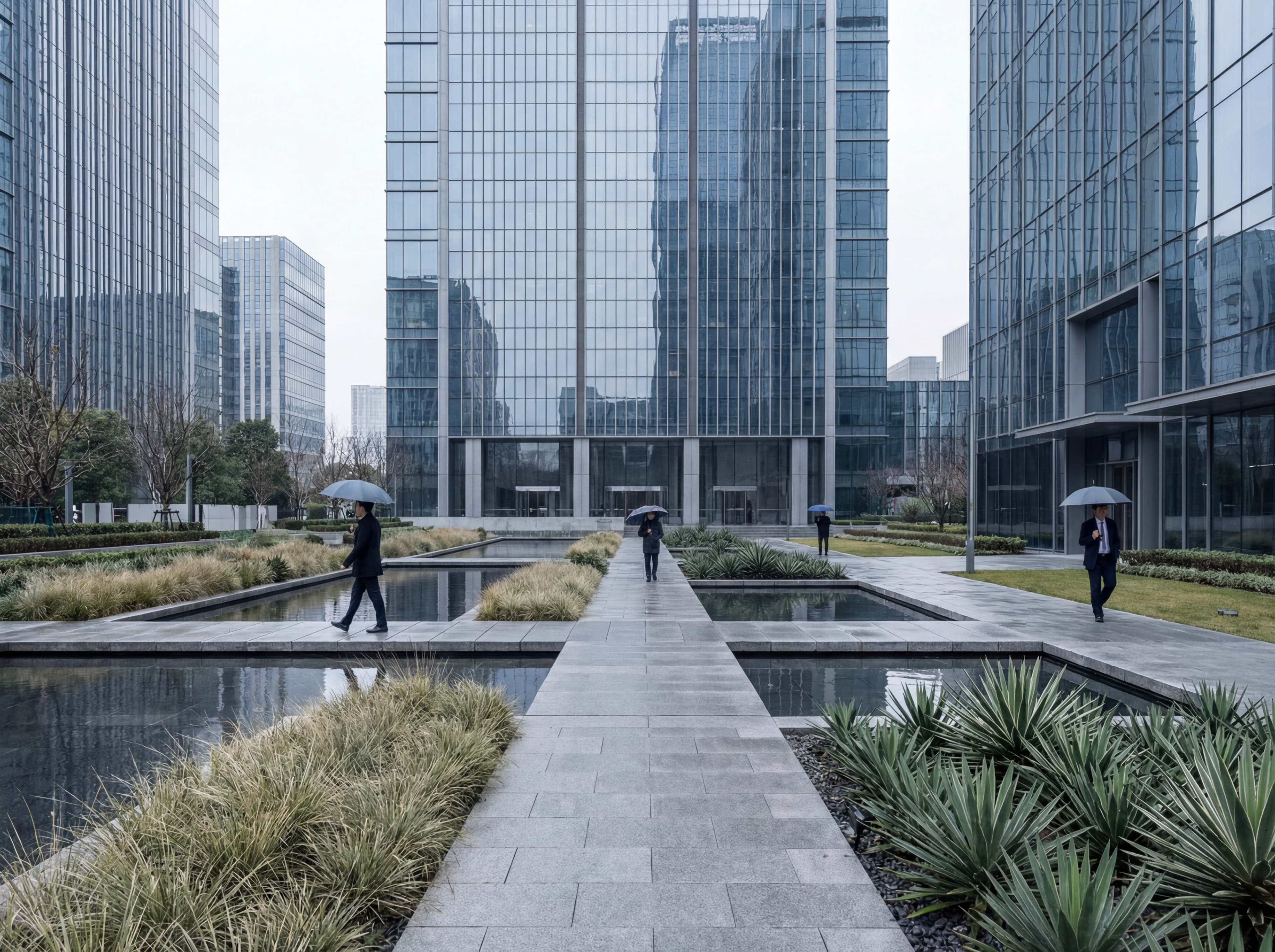 Business district walkway on rainy day
