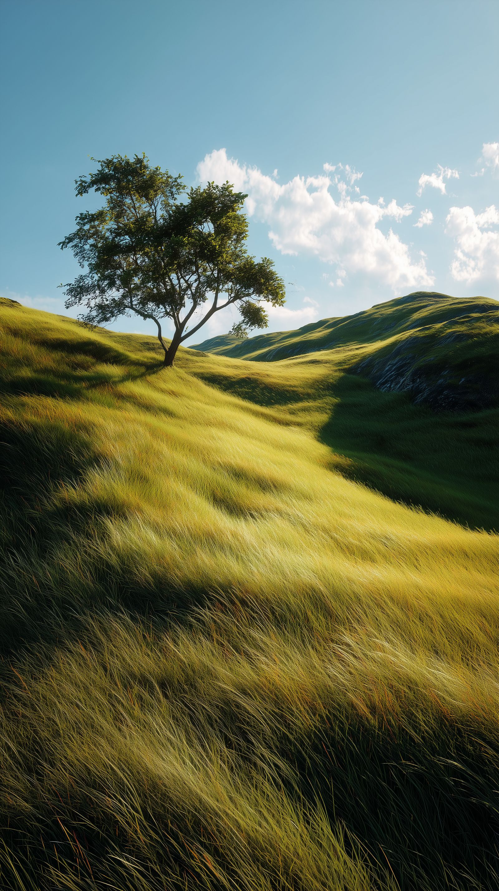Lone Tree on Sunlit Rolling Grass Hills